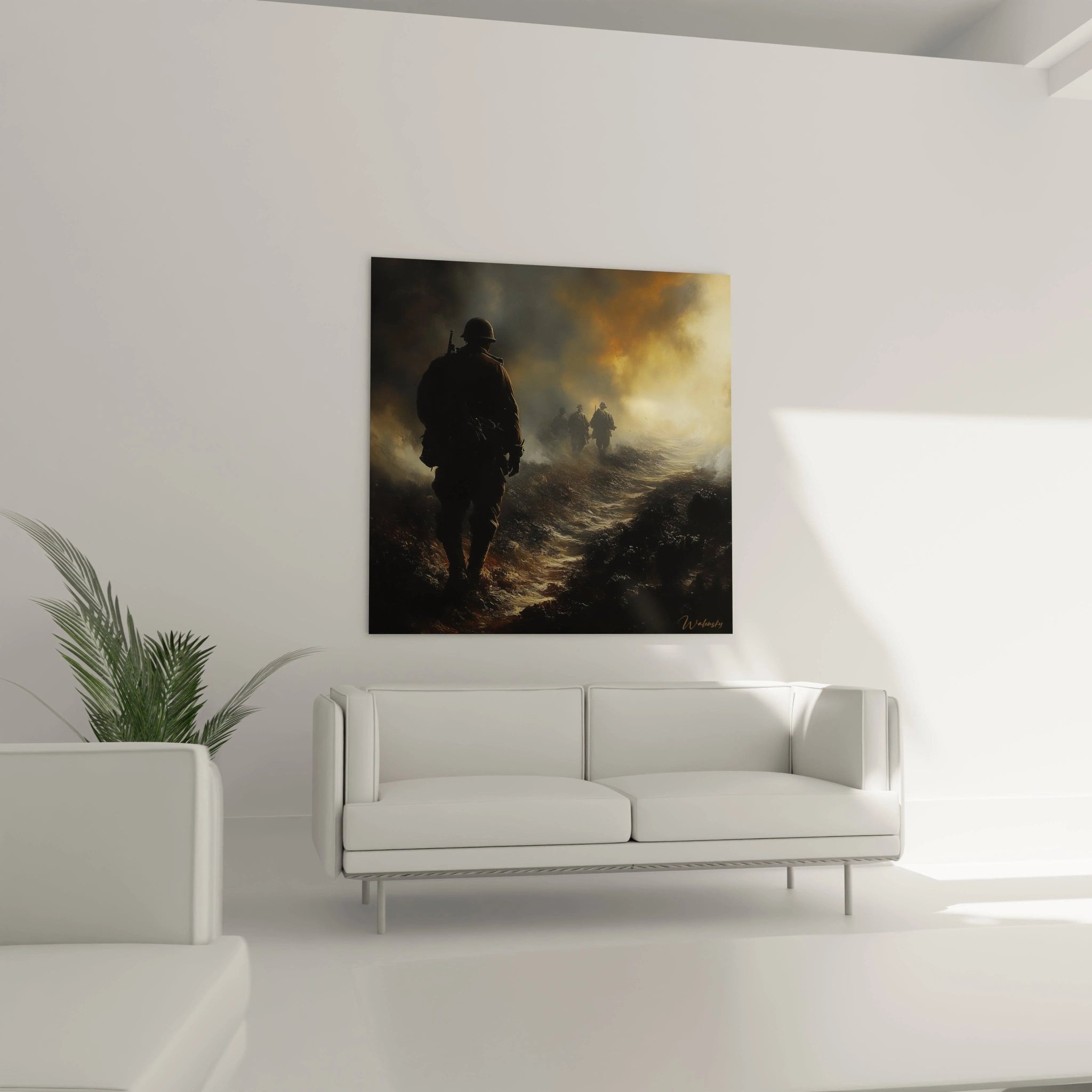 Tableau mural Walensky tableau soldats seconde guerre mondiale montrant des soldats marchant dans une tranchee brumeuse