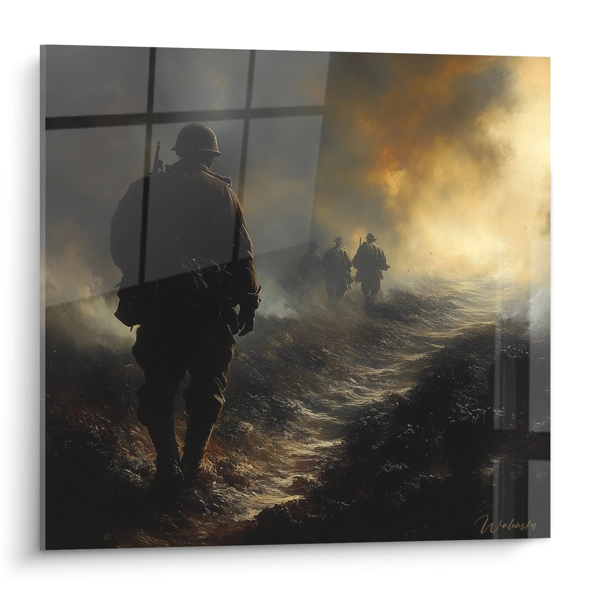 tableau soldats seconde guerre mondiale Walensky tableau mural silhouette de soldats marchant dans la brume lumineuse