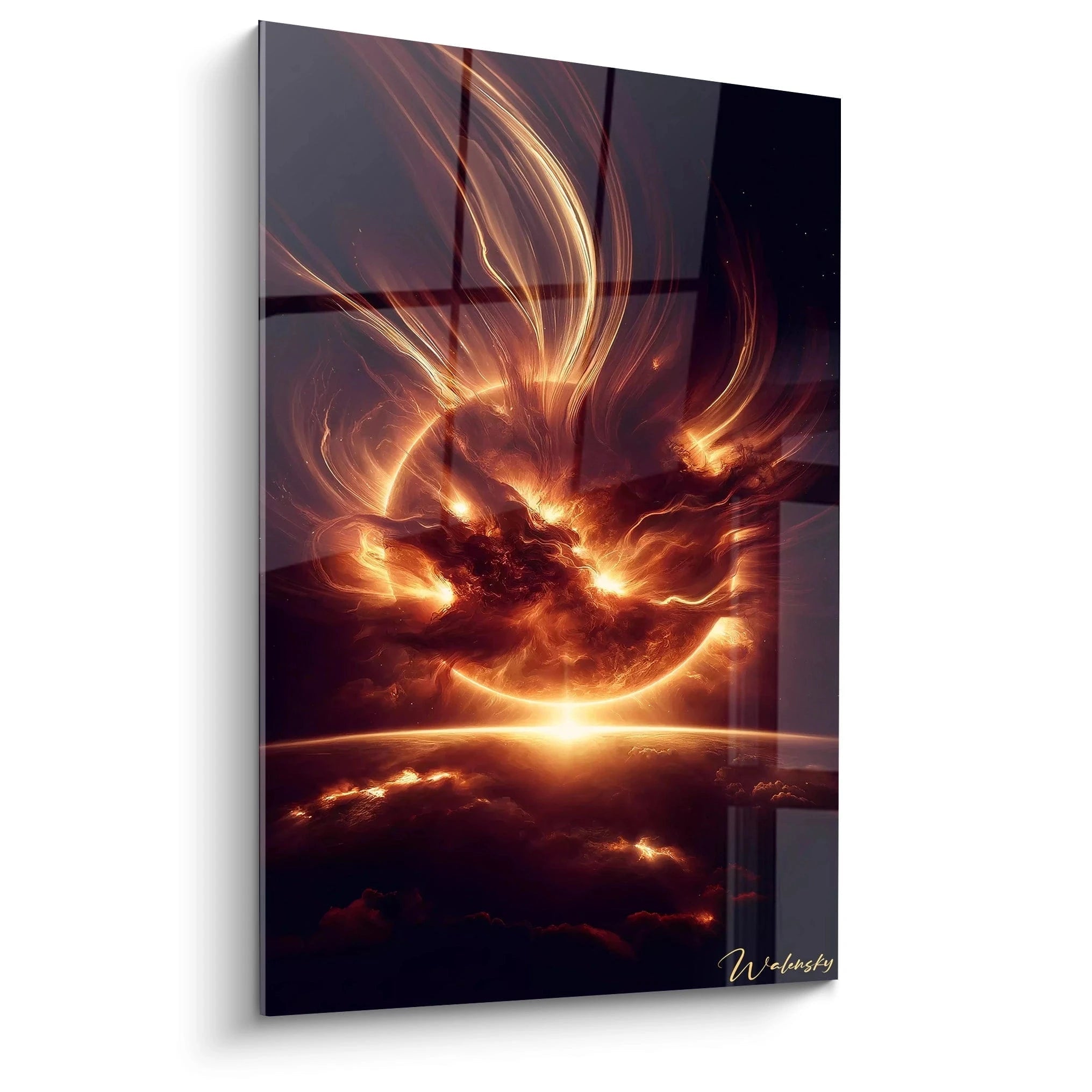 Vue de biais d'un tableau espace captivant en nuances d'orange, rouge et noir, représentant une explosion cosmique, parfait pour sublimer une ambiance moderne et abstraite.