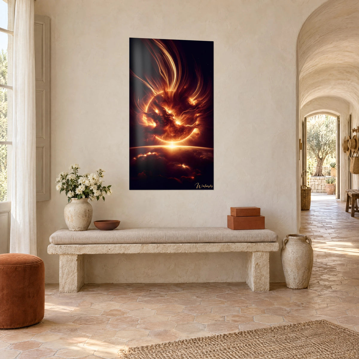 Wall art glowing celestial body surrounded by amber and copper filaments, luminous horizon of low clouds, in the entrance of a Provençal farmhouse