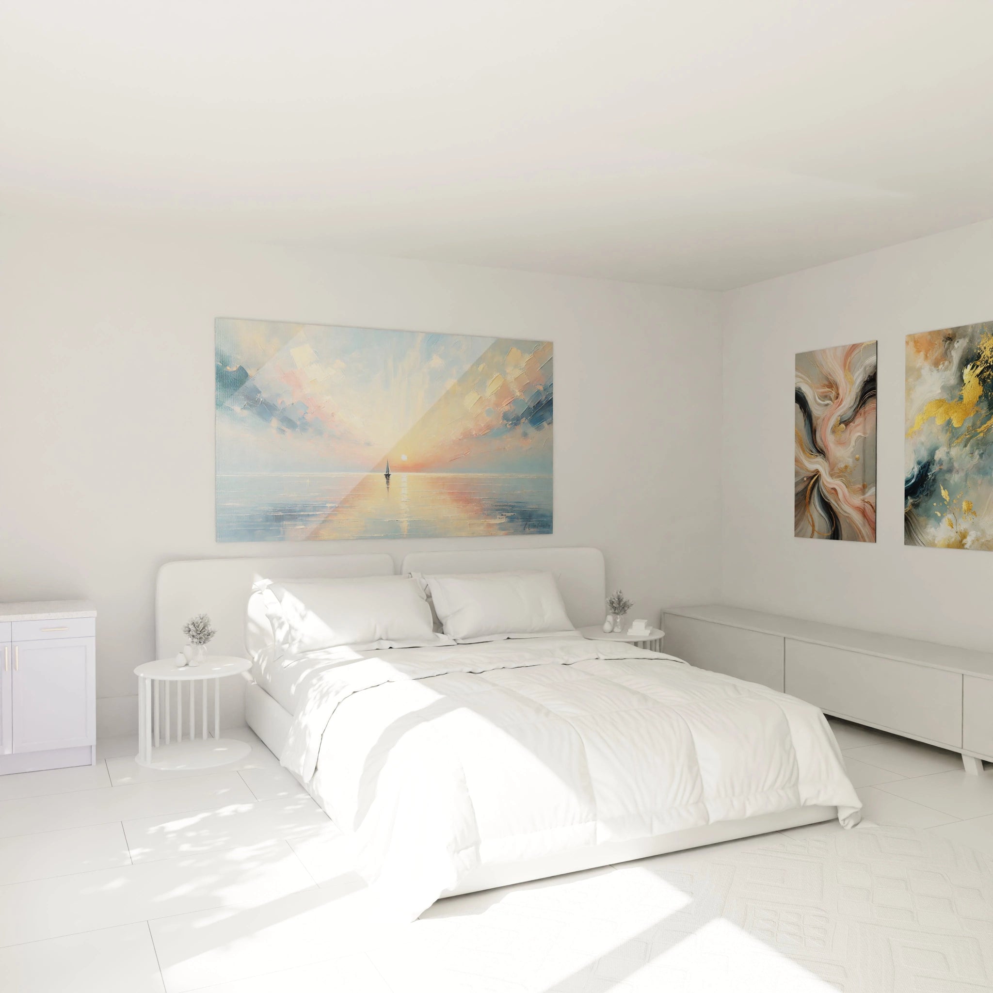 dans la chambre : Ce tableau peinture abstrait est parfait pour une chambre. Ses nuances de bleu, rose et beige creent une ambiance douce et relaxante, capturant la serenite du coucher de soleil sur l ocean.