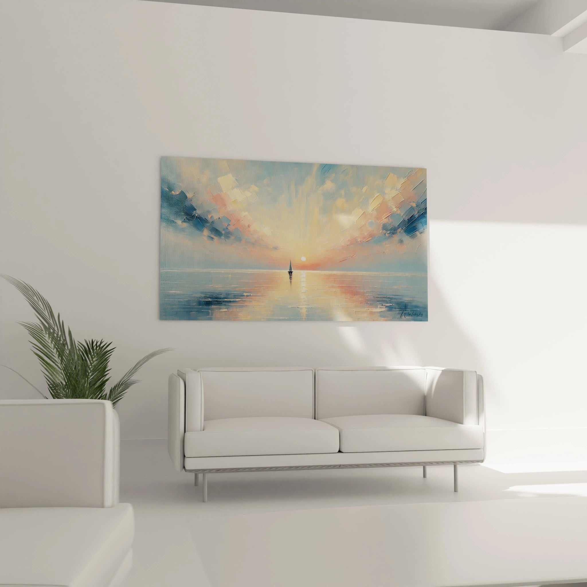 dans le salon : Accroche ce tableau peinture abstrait dans ton salon et laisse ses couleurs pastel apporter calme et elegance. Inspire par un coucher de soleil en mer, il est ideal pour une decoration naturelle.