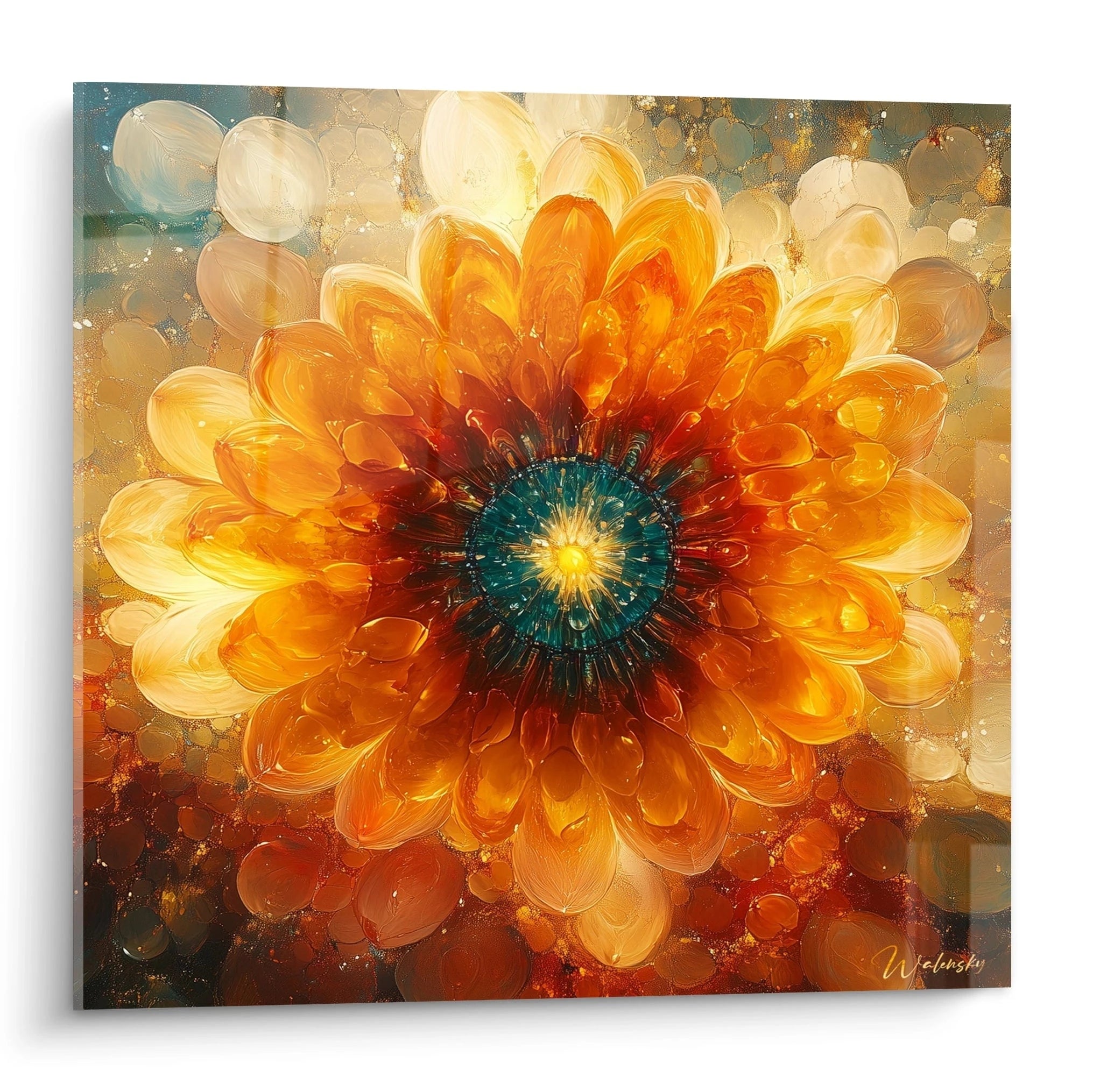 Tableau abstrait de fleurs par Walensky avec des tons orange et bleu éclatants