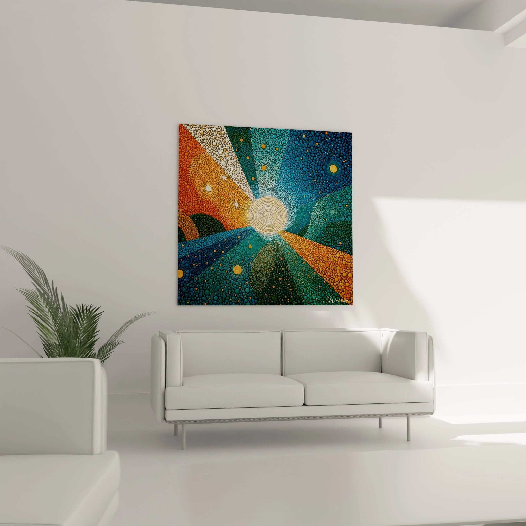 Tableau mural Walensky montrant un tableau soleil spirale pointillisme aux couleurs vives accroche au dessus d un canape blanc