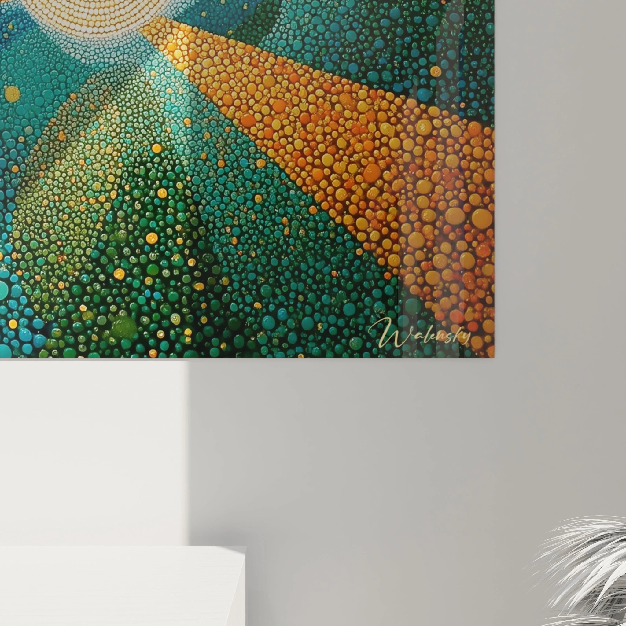 Tableau mural Walensky tableau soleil spirale pointillisme en pastilles vertes et orangées avec rayons lumineux
