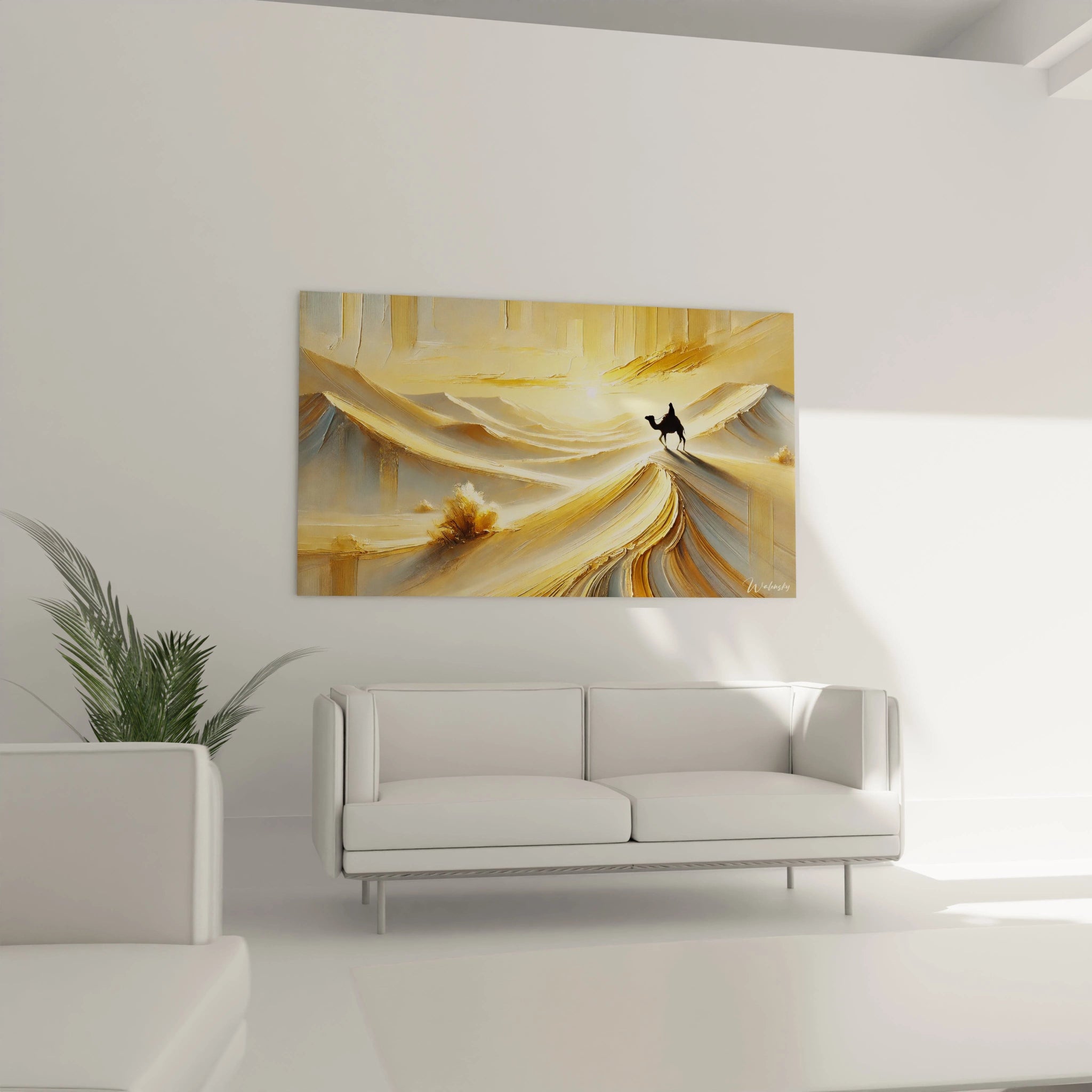 Tableau Desert dans un salon au dessus du canape apportant une touche de calme et de poesie avec ses nuances dorees et la representation realiste et poetique des dunes desertiques
