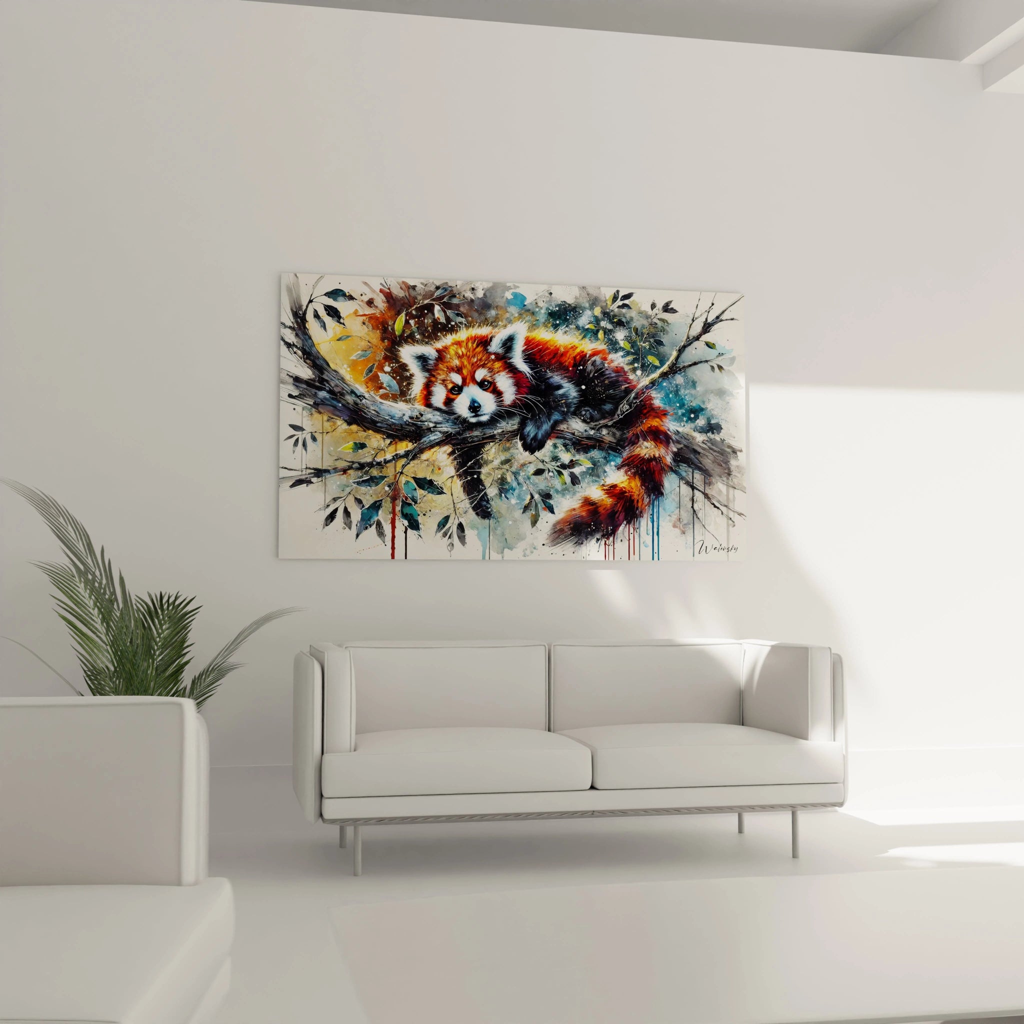 Ce tableau panda roux au-dessus du canapé ajoute une touche de nature à votre salon. Les teintes vibrantes et la scène sereine évoquent l'aventure et la tranquillité, parfaites pour un intérieur accueillant.