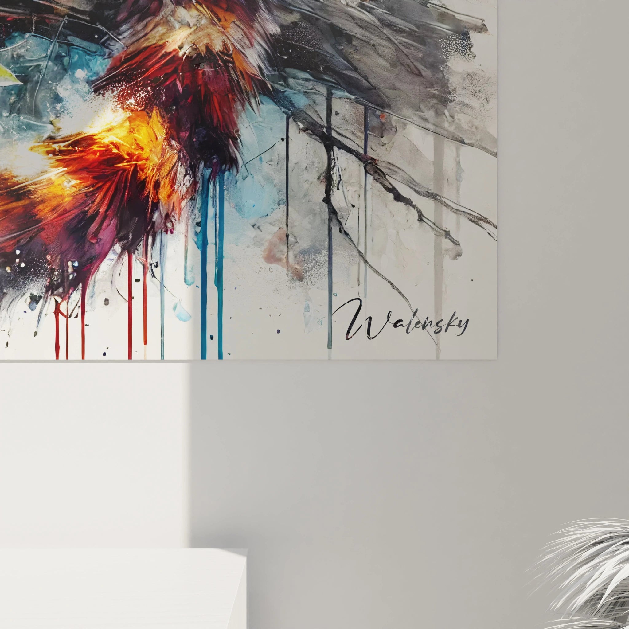 Vue rapprochée du tableau panda roux, montrant des détails expressifs et des textures éclatantes. Les nuances d'orange et de rouge apportent de la chaleur et de la profondeur à cette oeuvre captivante.