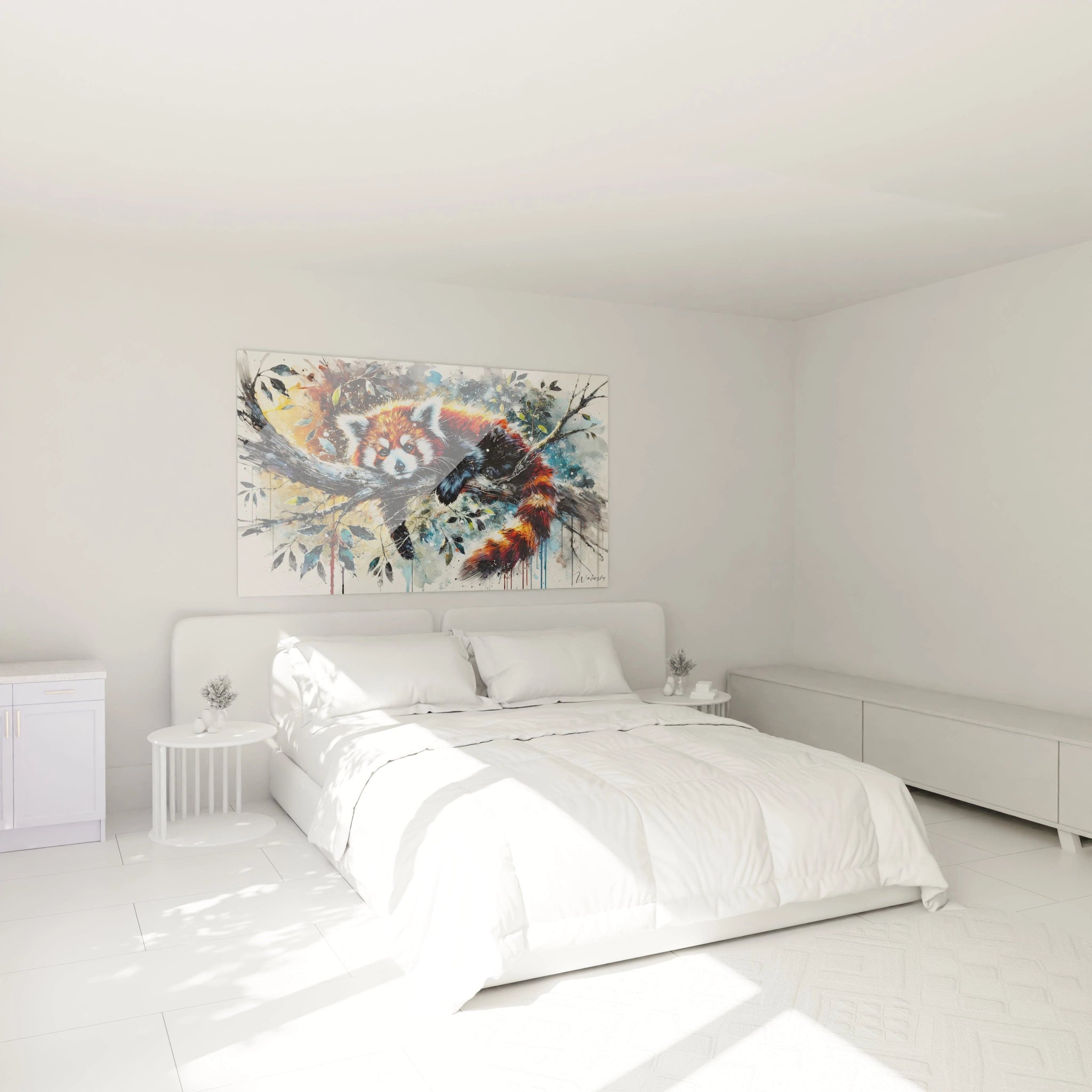 Sublimez votre chambre avec ce tableau panda roux au-dessus du lit. L'atmosphère naturelle et les couleurs éclatantes créent une ambiance apaisante et chaleureuse, idéale pour un espace de détente.
