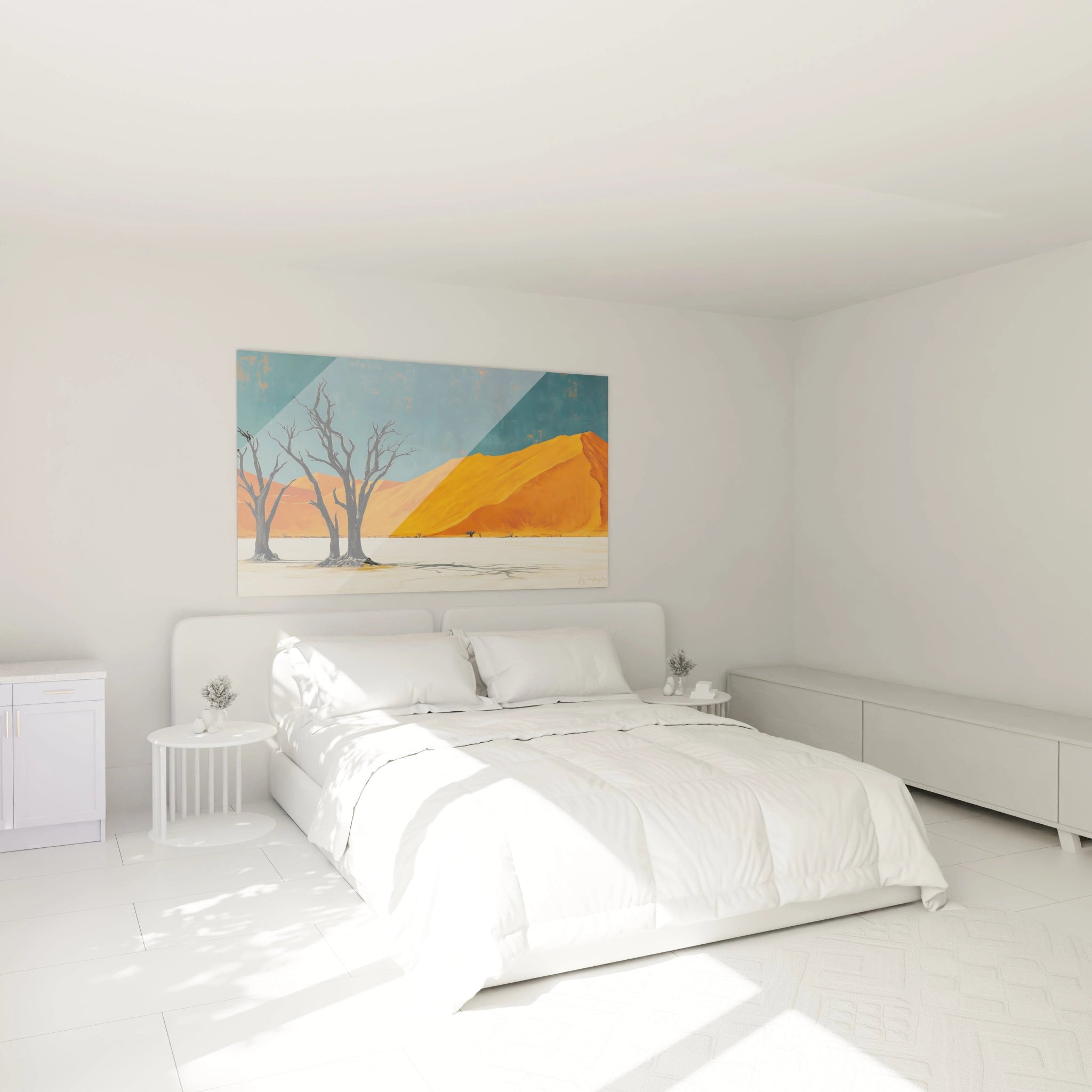 Tableau désert namibien avec acacias noirs pétrifiés contrastant fortement avec sable orange vif et sol blanc cassé, paysage aride saisissant