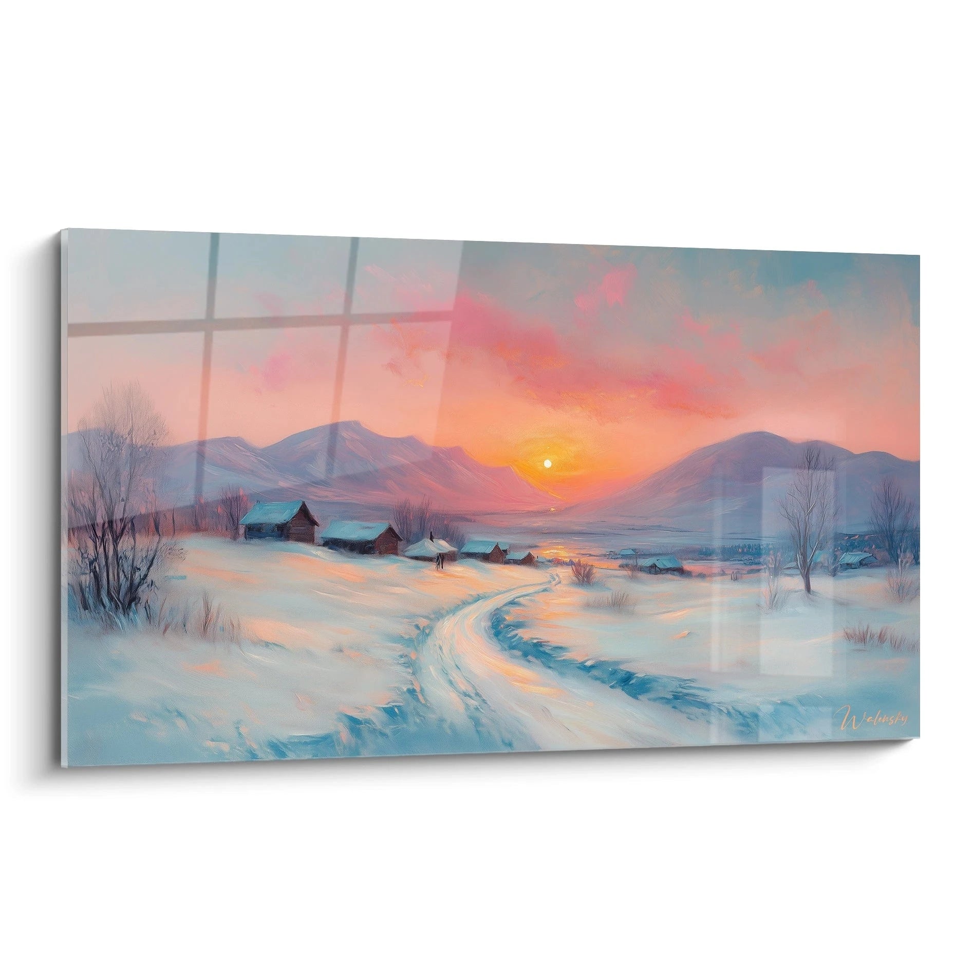 Un tableau paysage hivernal représentant un village de montagne avec des chalets enneigés, un ciel aux teintes orange et rose d'un coucher de soleil, et un sentier serpentant dans la neige blanche.