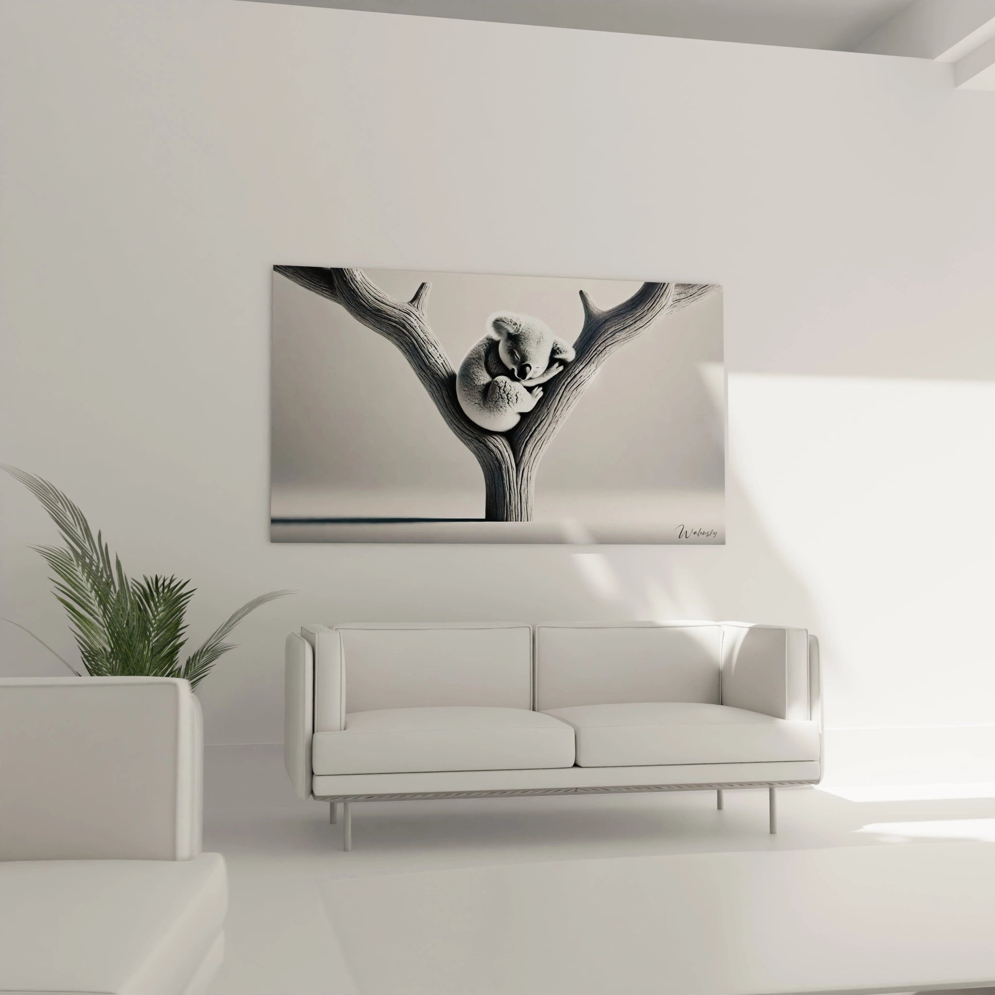 Ce tableau koala est parfait dans un salon au-dessus du canapé. Son design minimaliste et ses couleurs neutres apportent une ambiance relaxante et sophistiquée à votre espace.