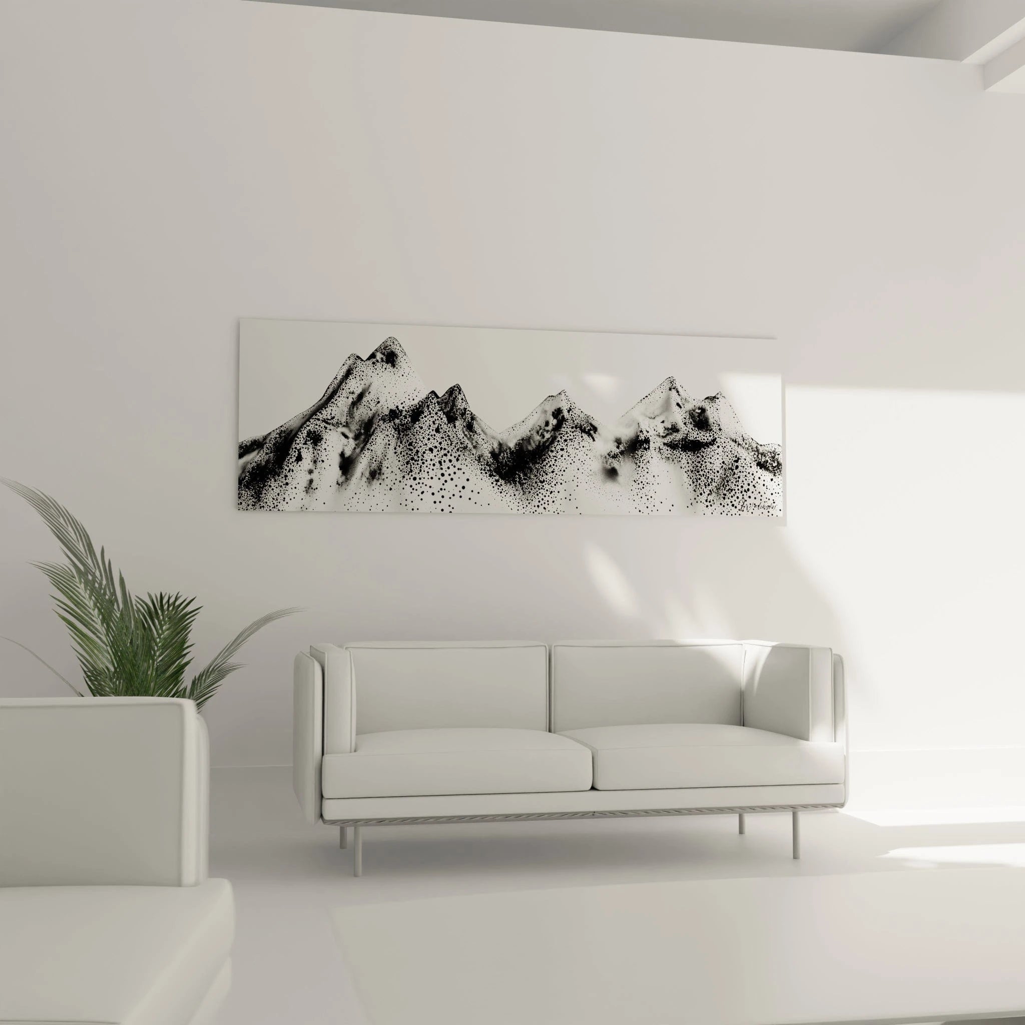 Tableau tacheté noir et blanc représentant des montagnes, signé Walensky, pour décorer un salon moderne