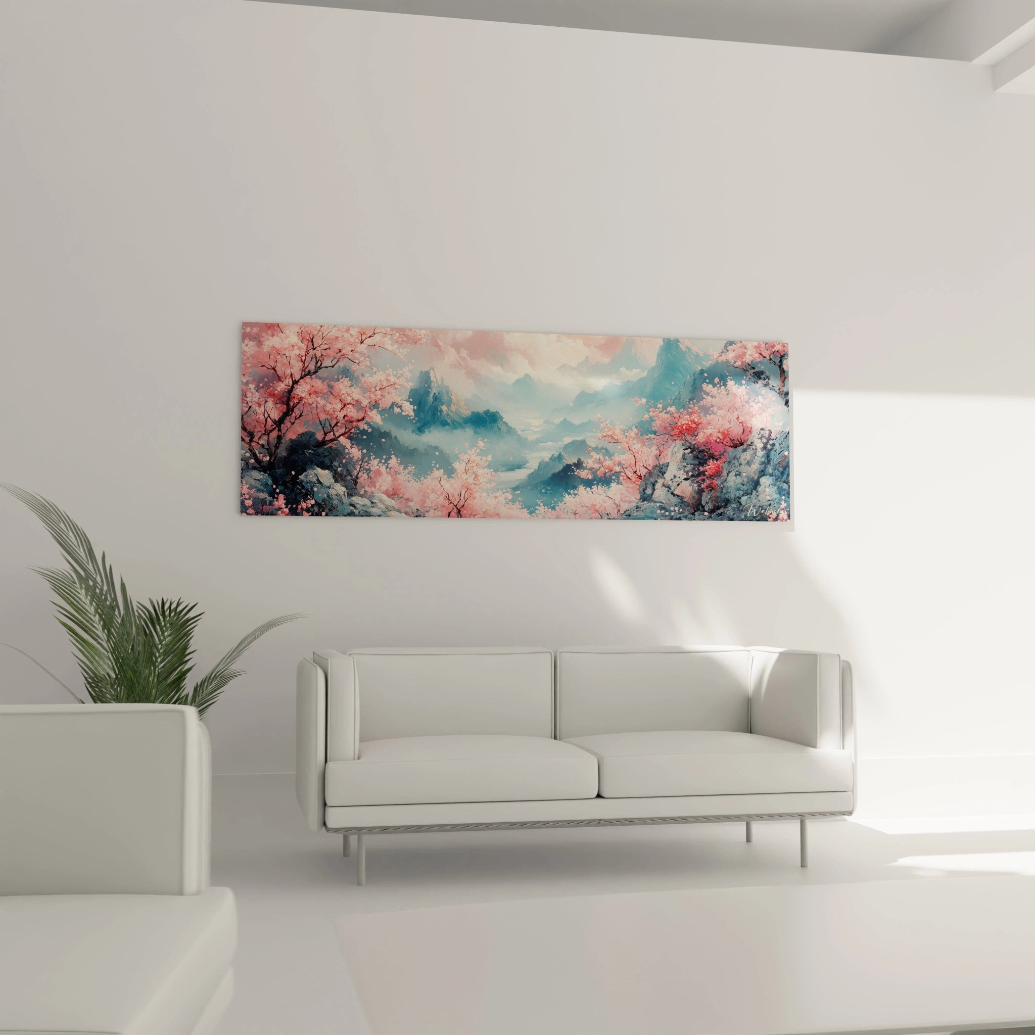 Un tableau montagne aux teintes dominantes rose et bleu représentant une vallée brumeuse entourée de sommets escarpés. Des cerisiers en fleurs créent un premier plan délicat avec pétales volants. Effets de transparence dans les brumes et traitement précis des volumes rocheux.