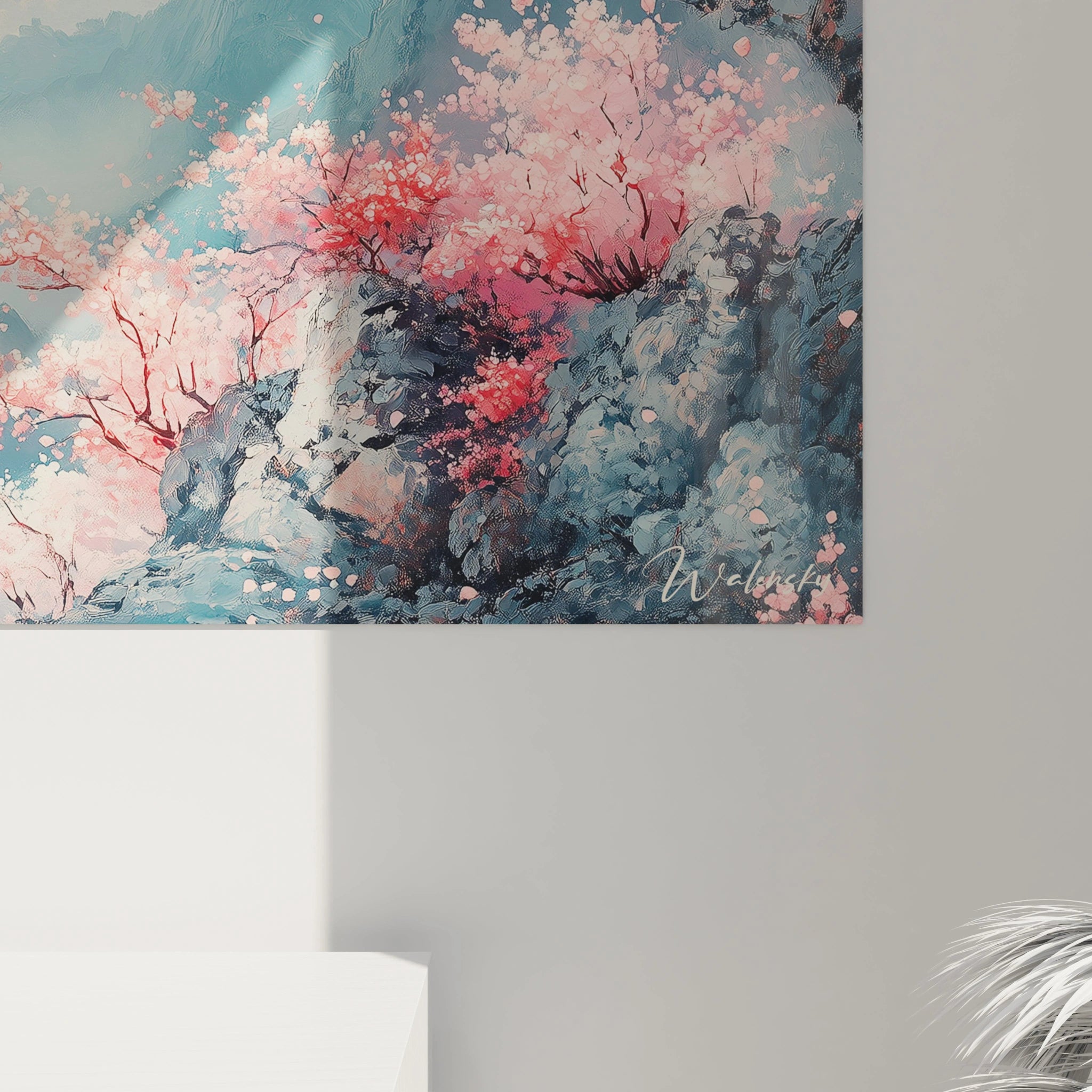 Un tableau montagne printanier illustrant une chaîne de sommets bleus baignés dans une atmosphère vaporeuse. Des cerisiers en pleine floraison aux tons roses encadrent la scène. Jeux de textures entre masses minérales solides et légèreté des fleurs avec travail détaillé des reflets et des ombres.