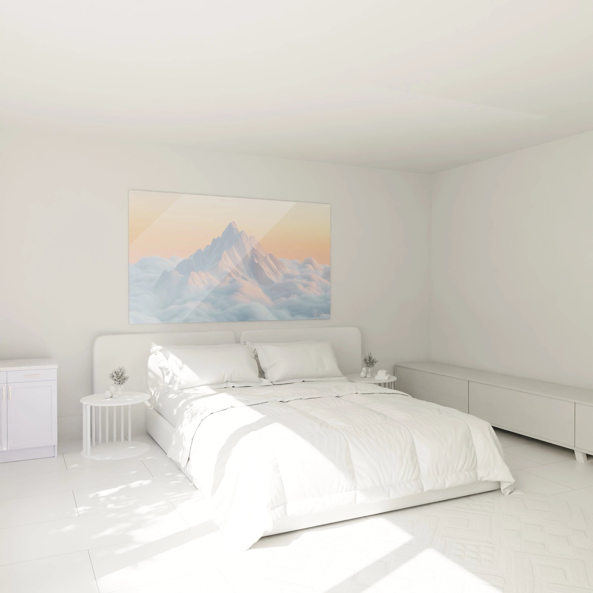 Tableau montagne stylisé montrant des pics rocheux aux teintes bleues et grises illuminés par une lumière rose orangée, entourés de nuages blancs cotonneux flottant dans une atmosphère pastel.