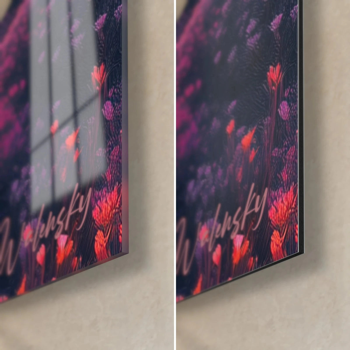 Quadro fiori scarlatti su brughiera purpurea, angolo in basso a destra: vetro acrilico lucido che riflette la finestra, alluminio Dibond opaco, spessore del bordo di 3 mm