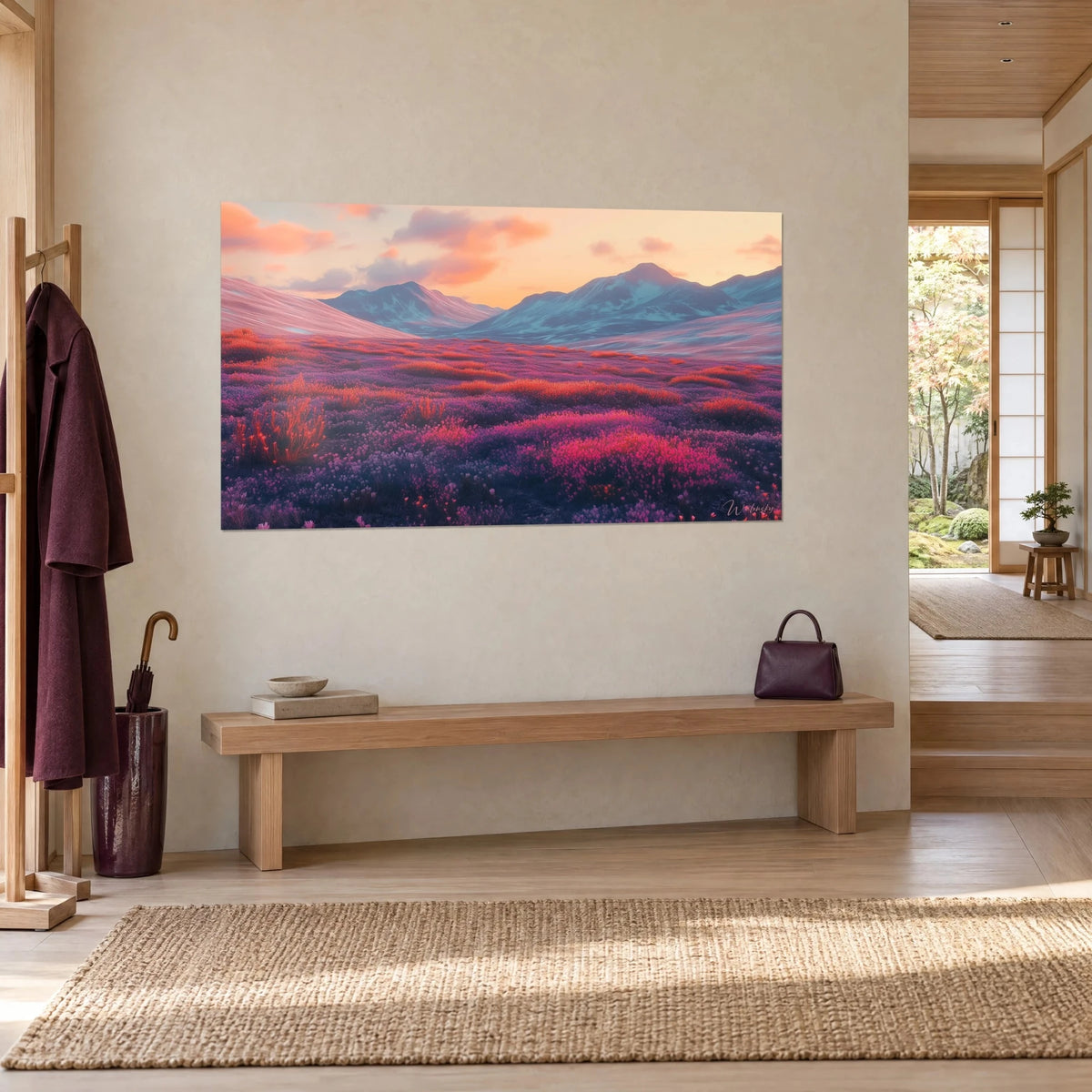 Quadro paesaggio di montagna rosa, nuvole arancioni e brughiera magenta in fiore, appeso accanto a una panca in legno chiaro in vista di tre quarti