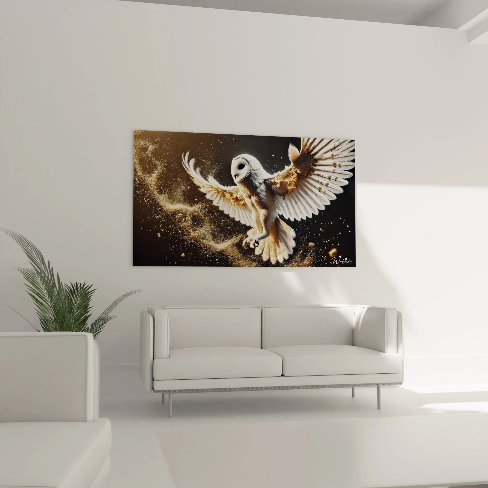 Tableau chouette au-dessus du canapé dans le salon, ajoutant une touche de nature sauvage et de luxe.