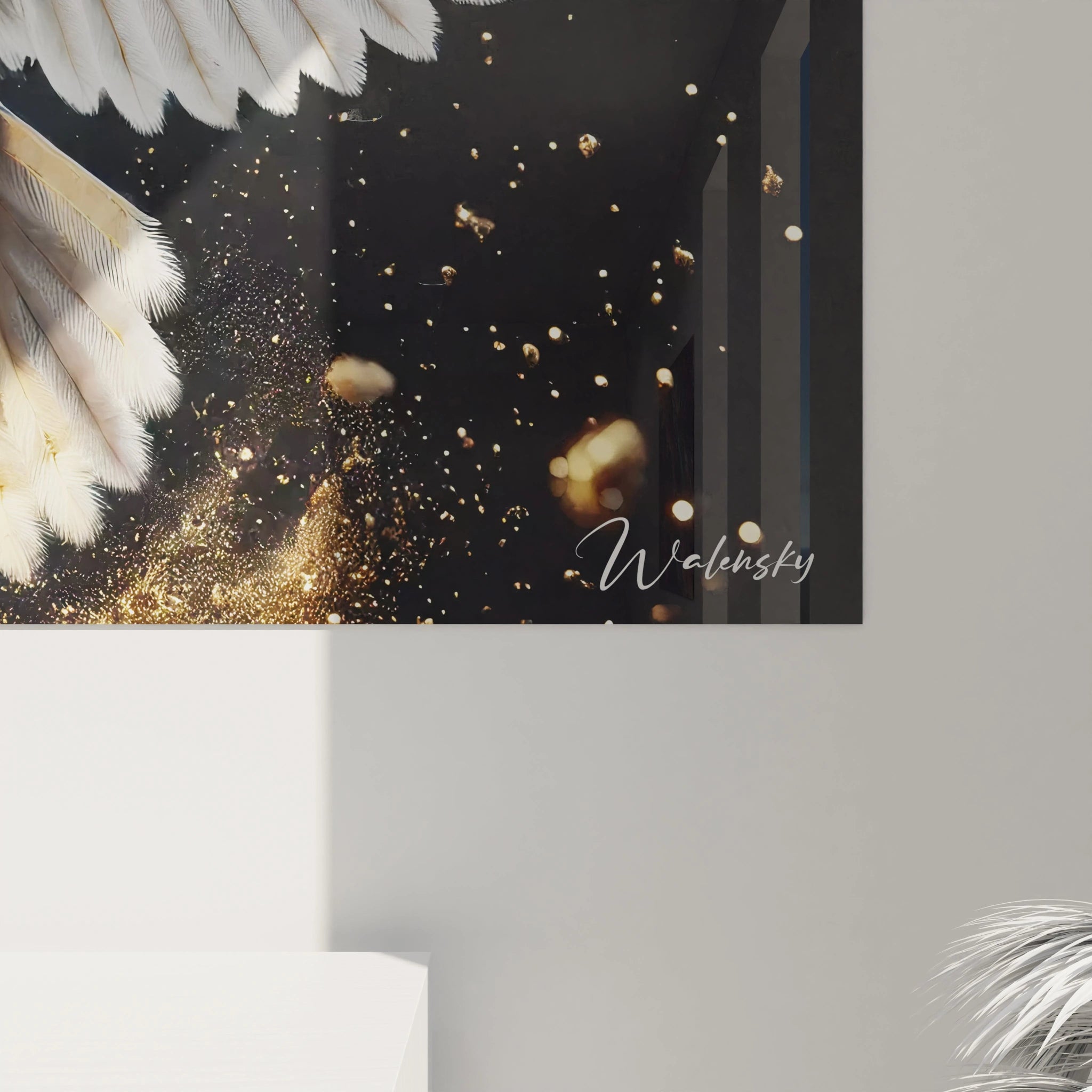 Vue rapprochée du tableau chouette : détails minutieux des plumes, touches dorées offrant un effet visuel spectaculaire.