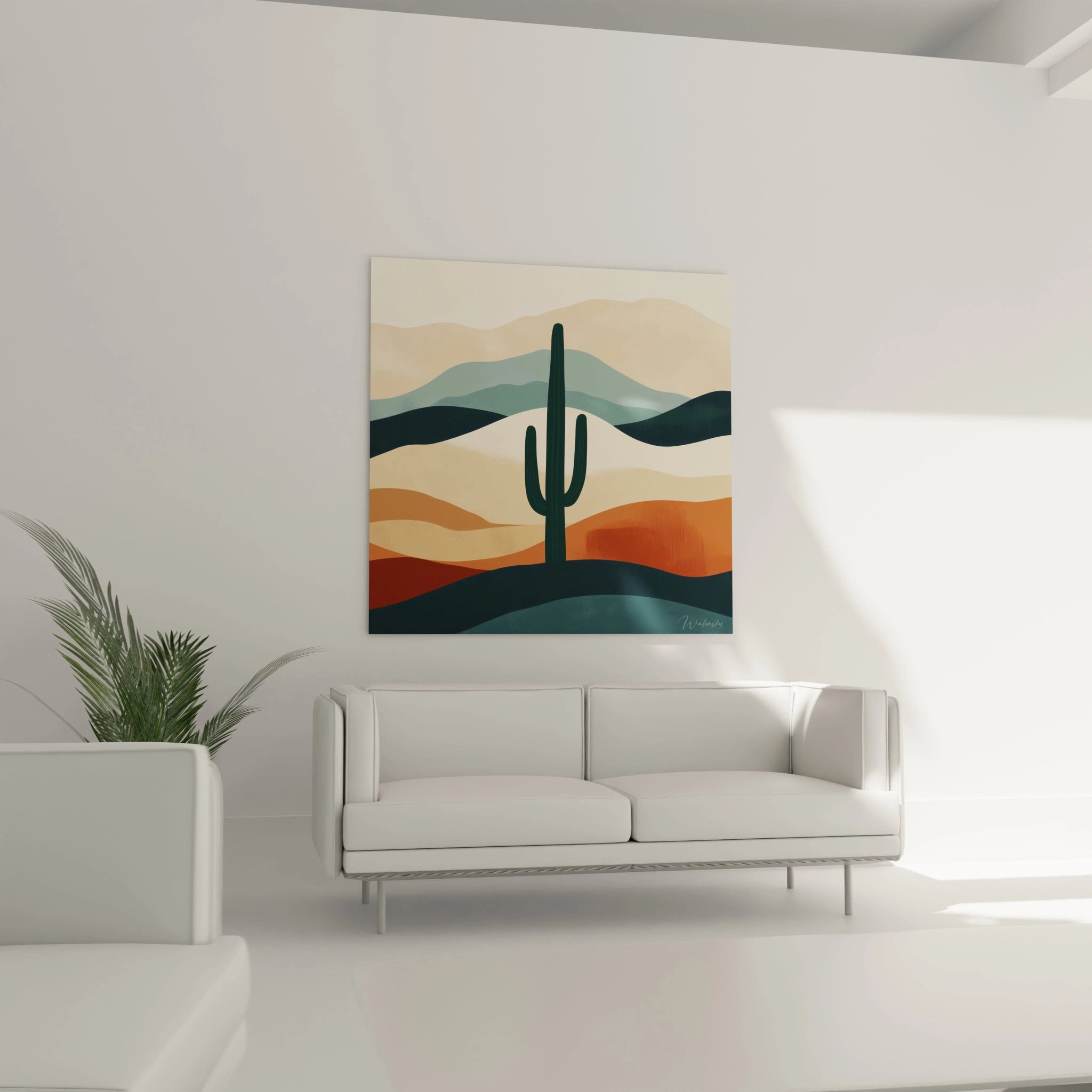 Un tableau artistique du désert présentant un grand cactus vert foncé comme point focal, entouré de couches de montagnes ondulantes dans des tons de beige sable, orange terreux et bleu-vert apaisant, créant une atmosphère sereine et minimaliste.