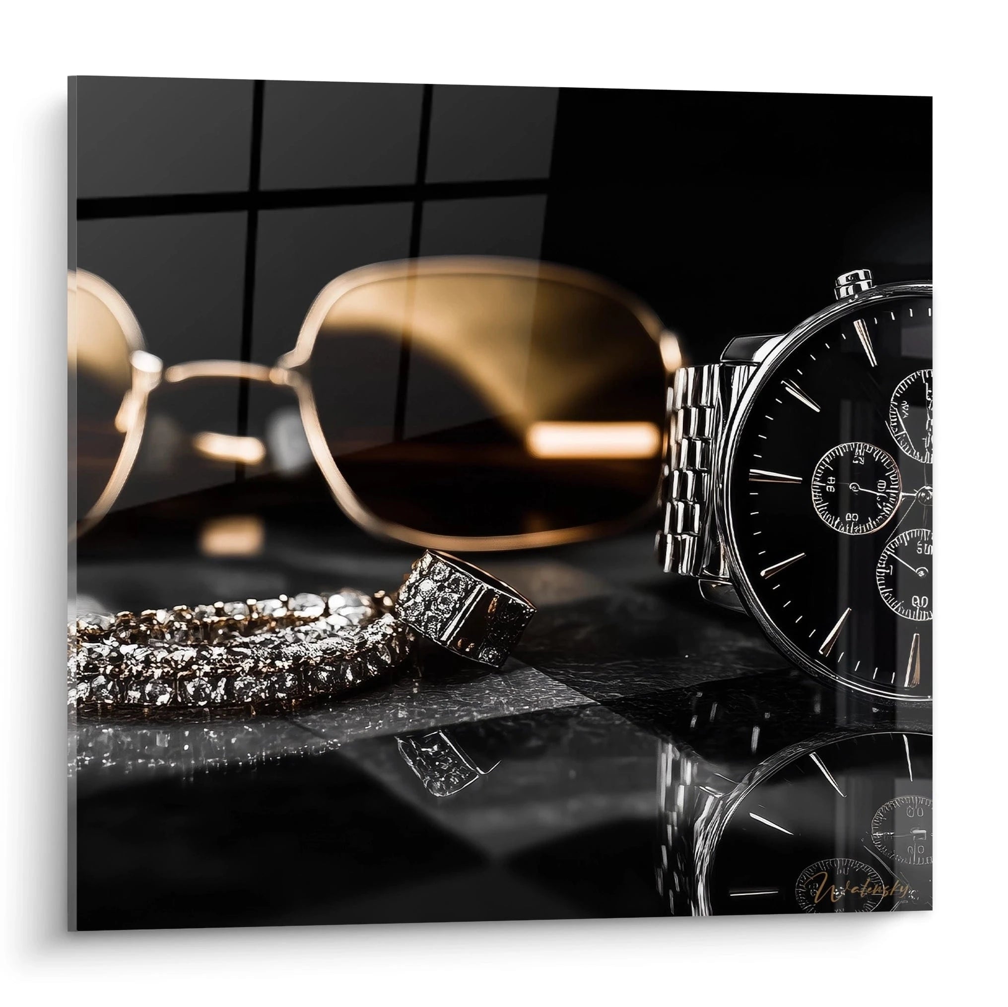 Tableau mural accessoires de mode présentant des lunettes, une montre et un bracelet en diamant