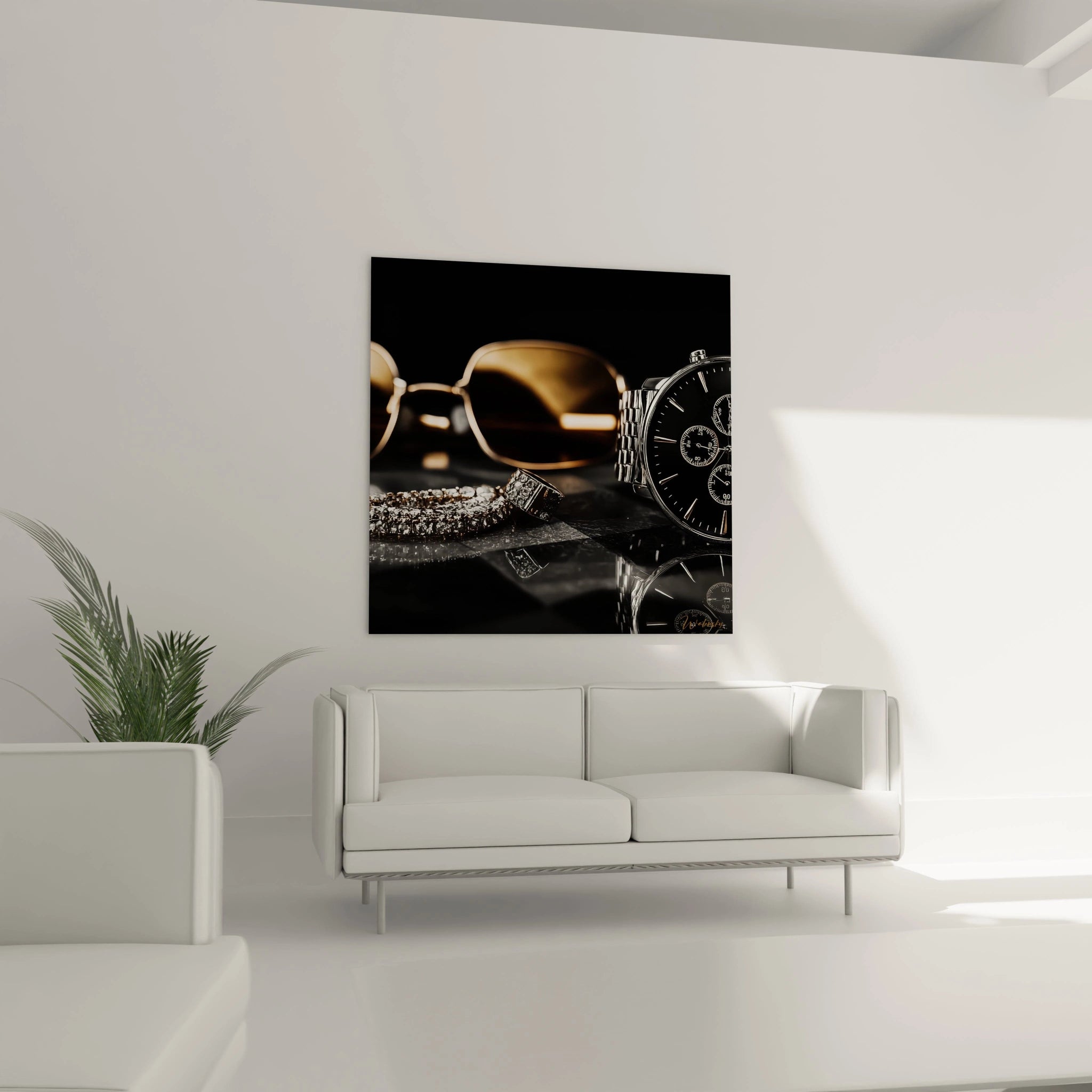 Tableau mural accessoires de mode mettant en valeur des lunettes de soleil et une montre élégante