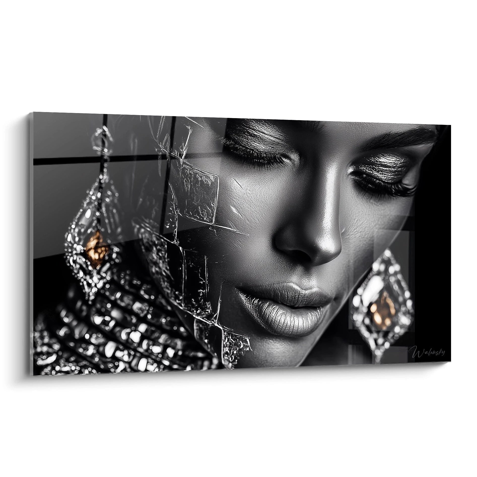 Tableau mural femme élégante en noir et blanc avec de magnifiques bijoux et un regard captivant