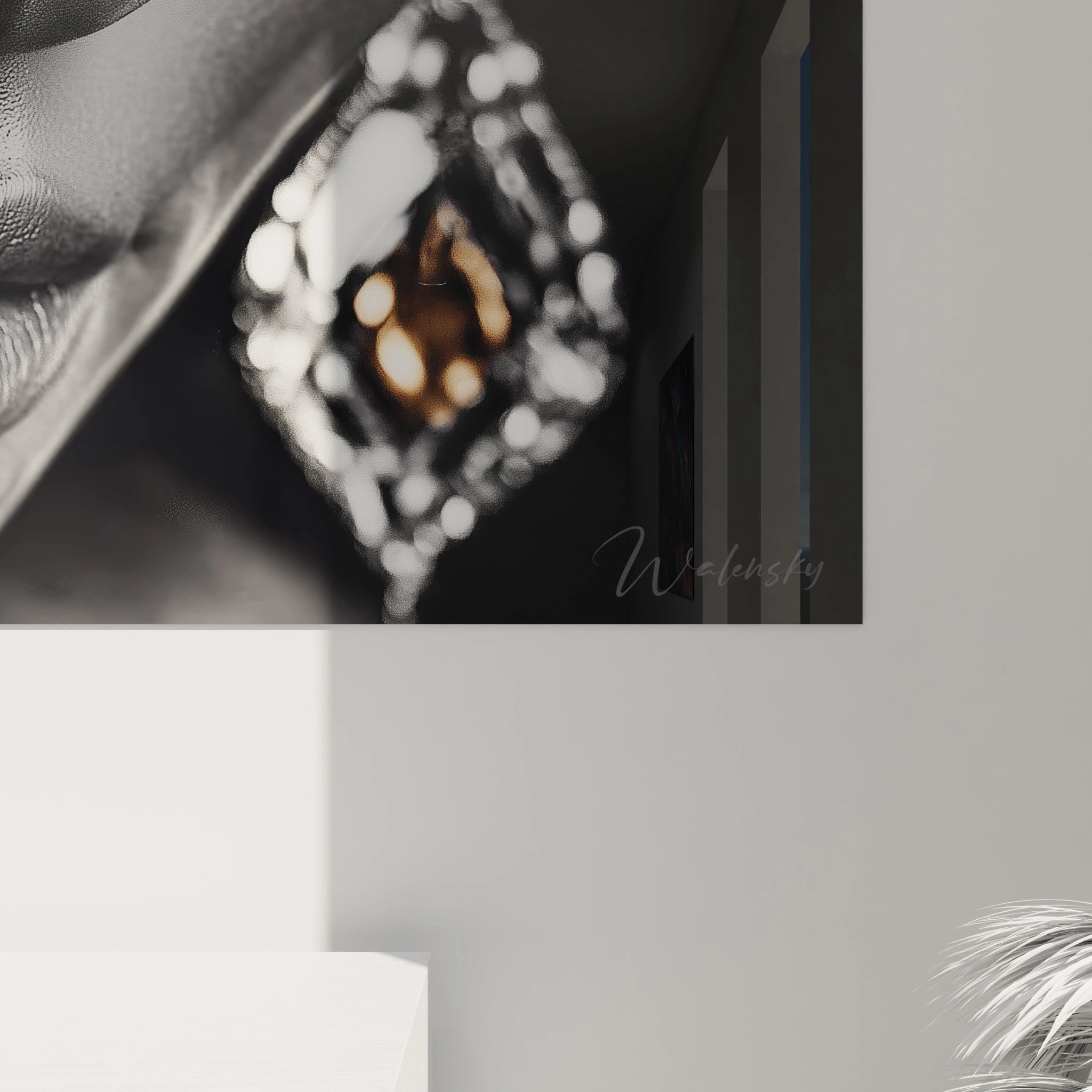 Tableau mural femme élégante en noir et blanc avec un bijou brillant décoratif