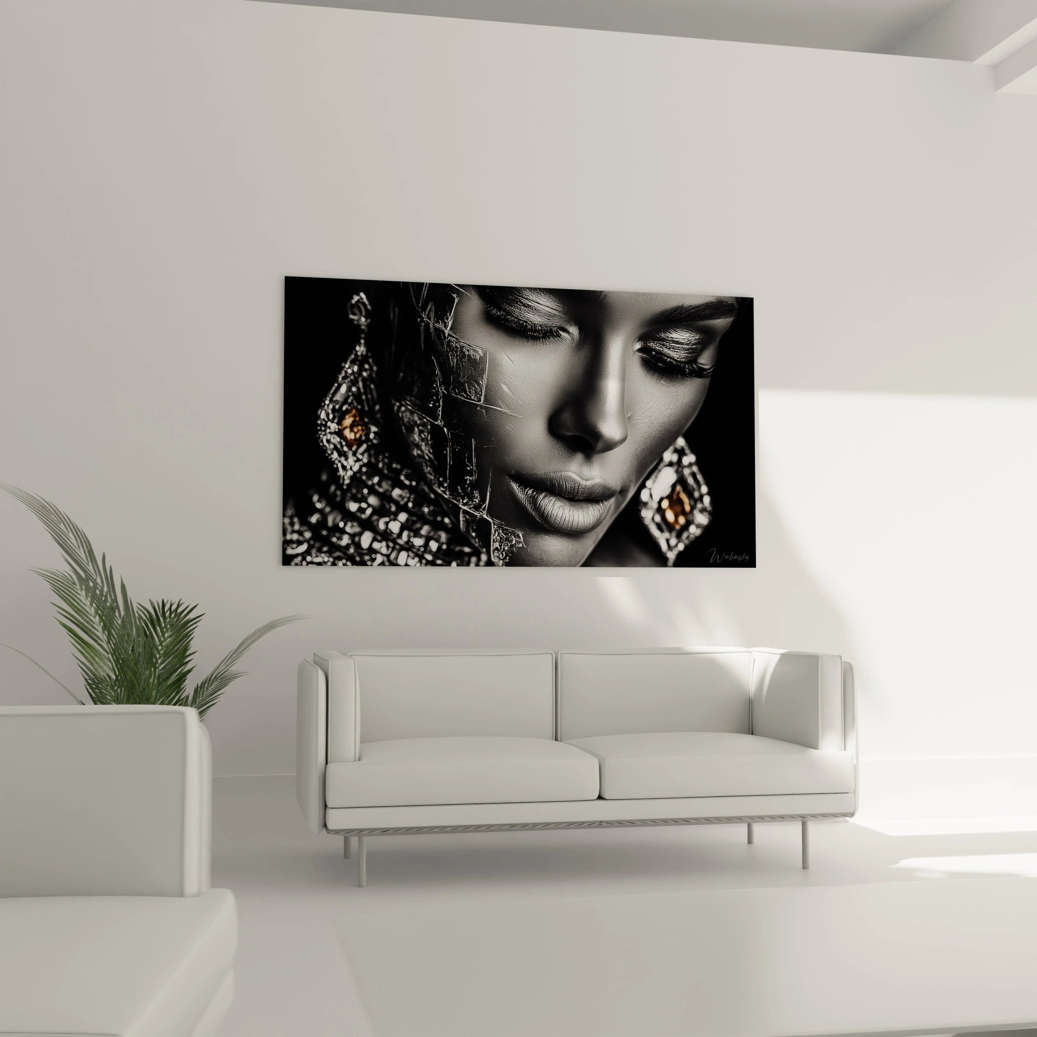 Tableau mural femme élégante en noir et blanc avec des détails en bijoux sur fond moderne