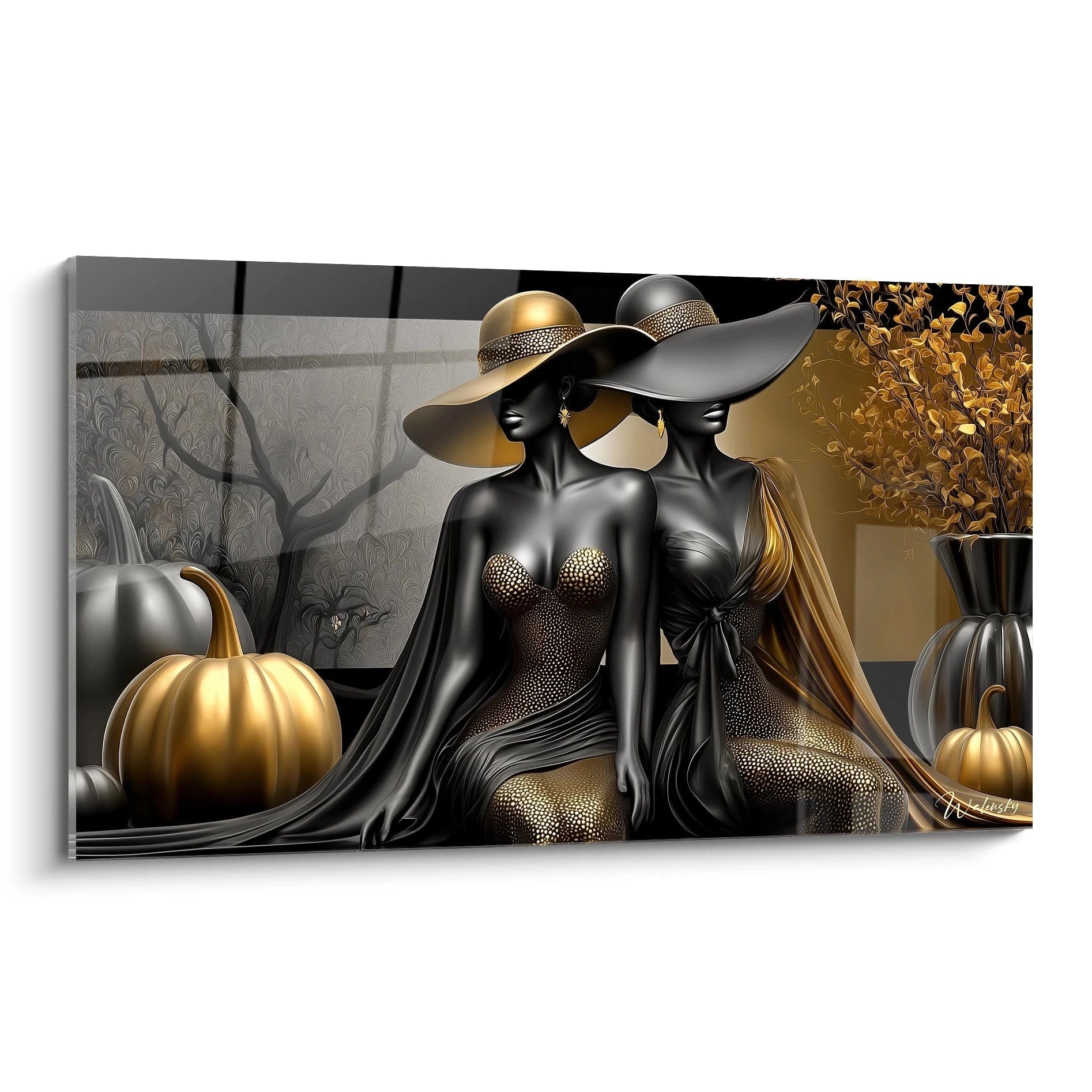 Tableau mural avec deux sorcières élégantes noir et or citrouilles dorées et vase floral tableau sorcière halloween