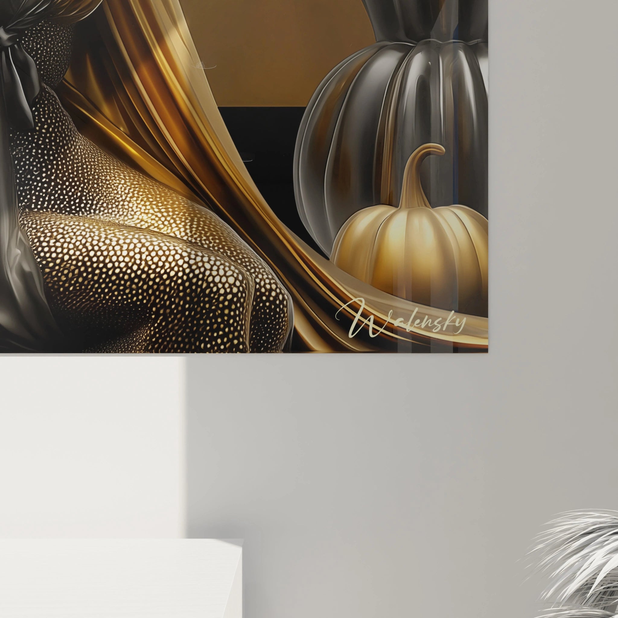 tableau sorcière halloween Walensky montrant citrouilles dorées et noires avec drapé soyeux et texture brillante