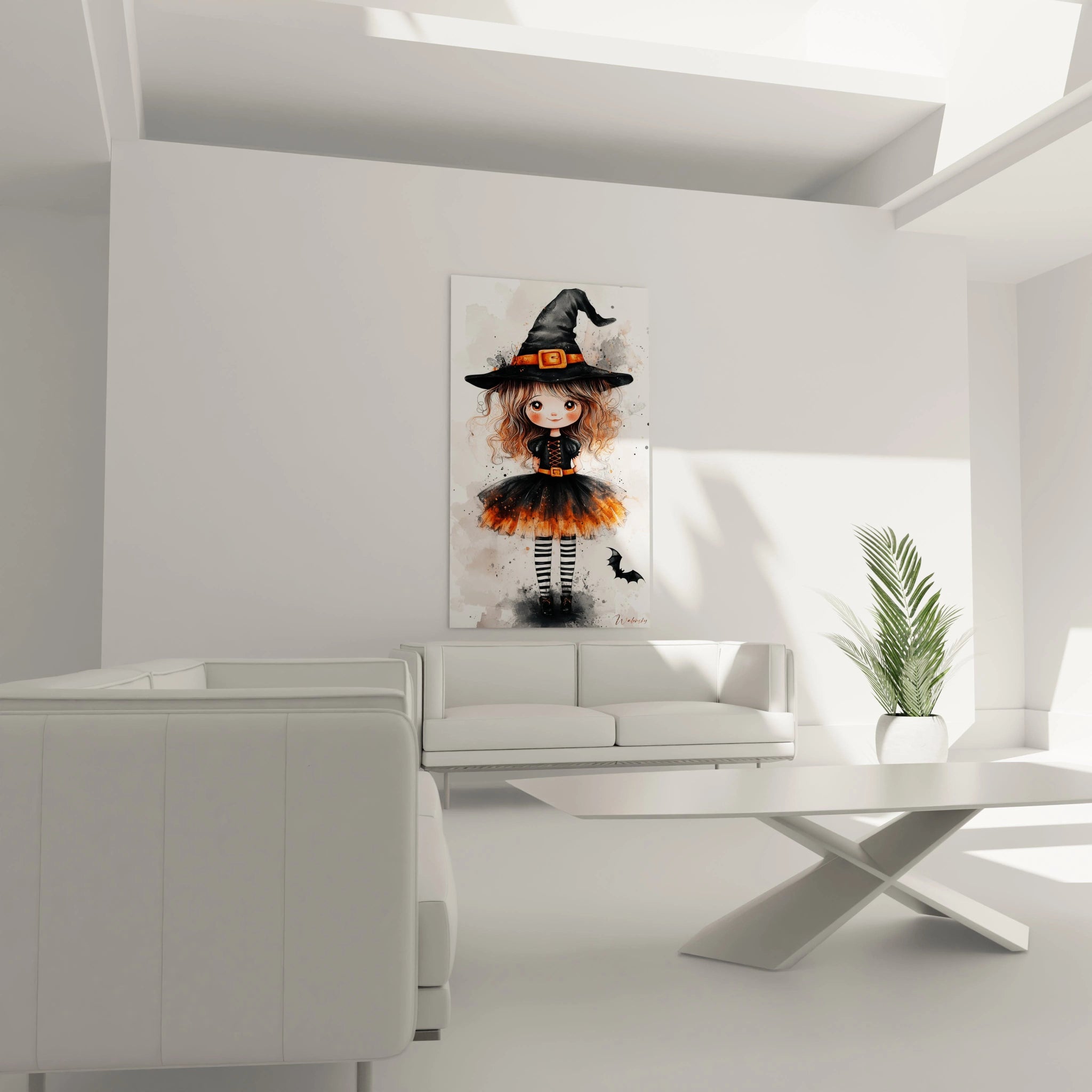 Un tableau sorcière pour enfant mettant en scène une petite sorcière aux boucles brunes, portant un grand chapeau noir et une robe évasée, avec des nuances de noir, orange et blanc sur un fond légèrement texturé.