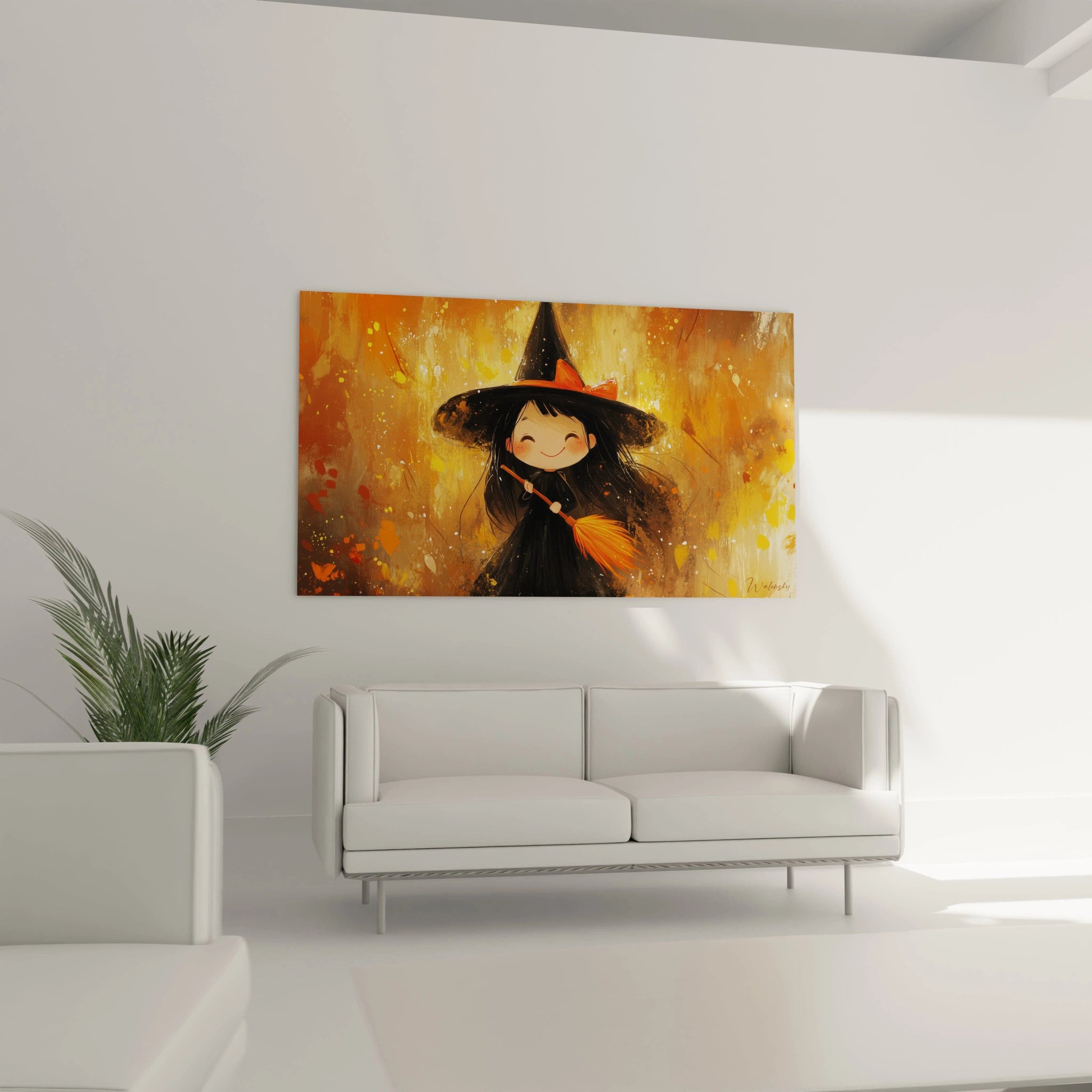 Un tableau sorcière pour enfant mettant en scène une silhouette en robe sombre, avec un chapeau noir et un nœud rouge, entourée de touches de lumière dorée sur un fond aux nuances de marron et d’orange.