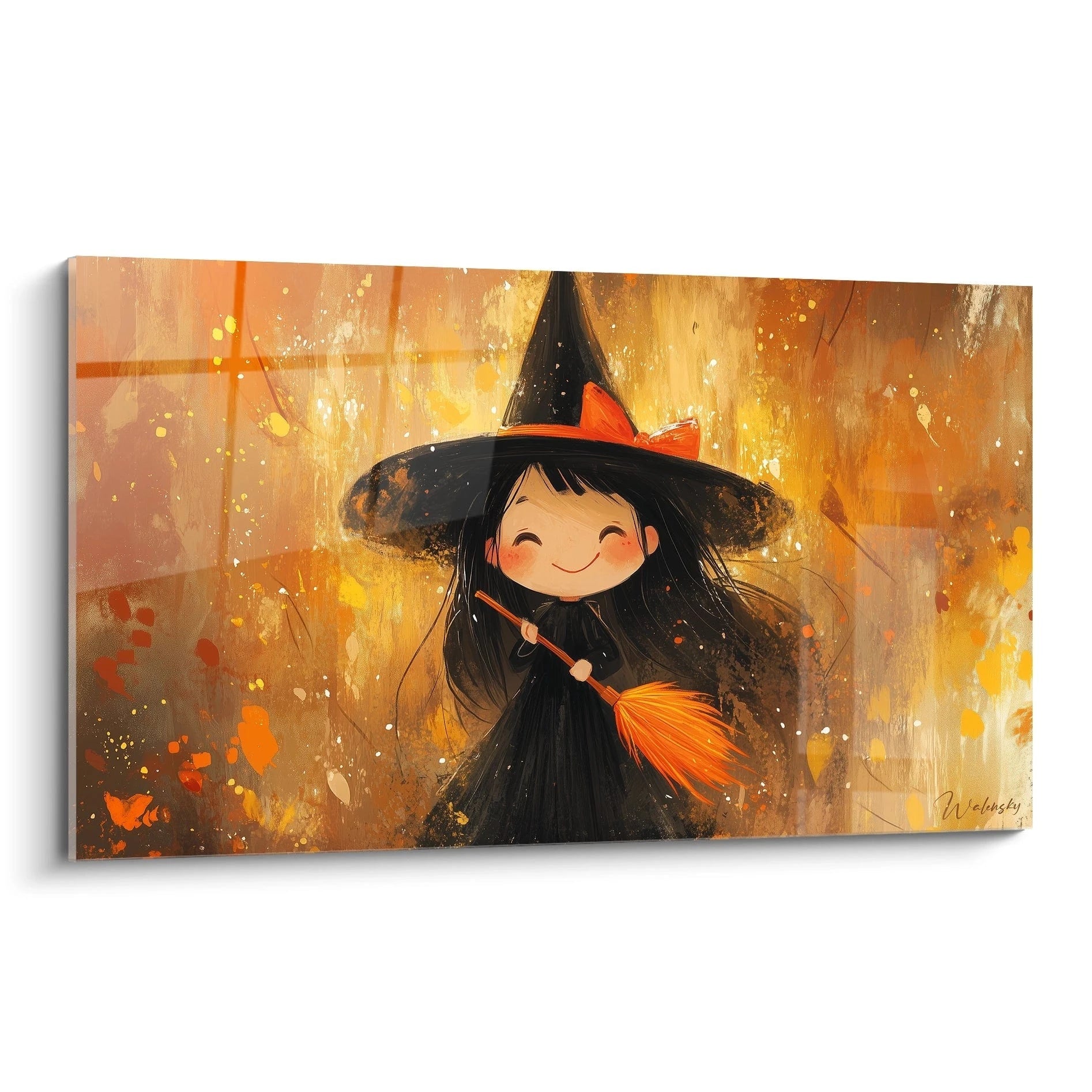 Un tableau sorcière pour enfant représentant une figure féminine avec un chapeau pointu, une robe noire et un balai orange, sur un fond texturé aux tons chauds, incluant du marron, de l’orange et du jaune.