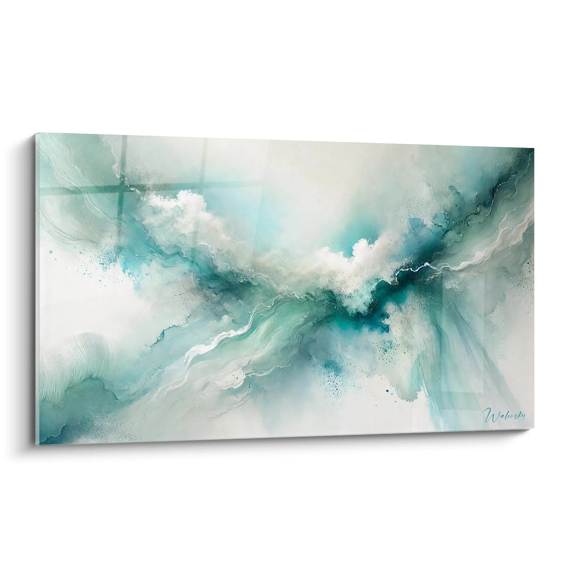 Tableau expressionniste abstrait representant la puissance des vagues ocean avec des tons de bleu, vert et blanc. Vue de biais, le mouvement des traits evoque la fluidite et la danse entre mer et vent.
