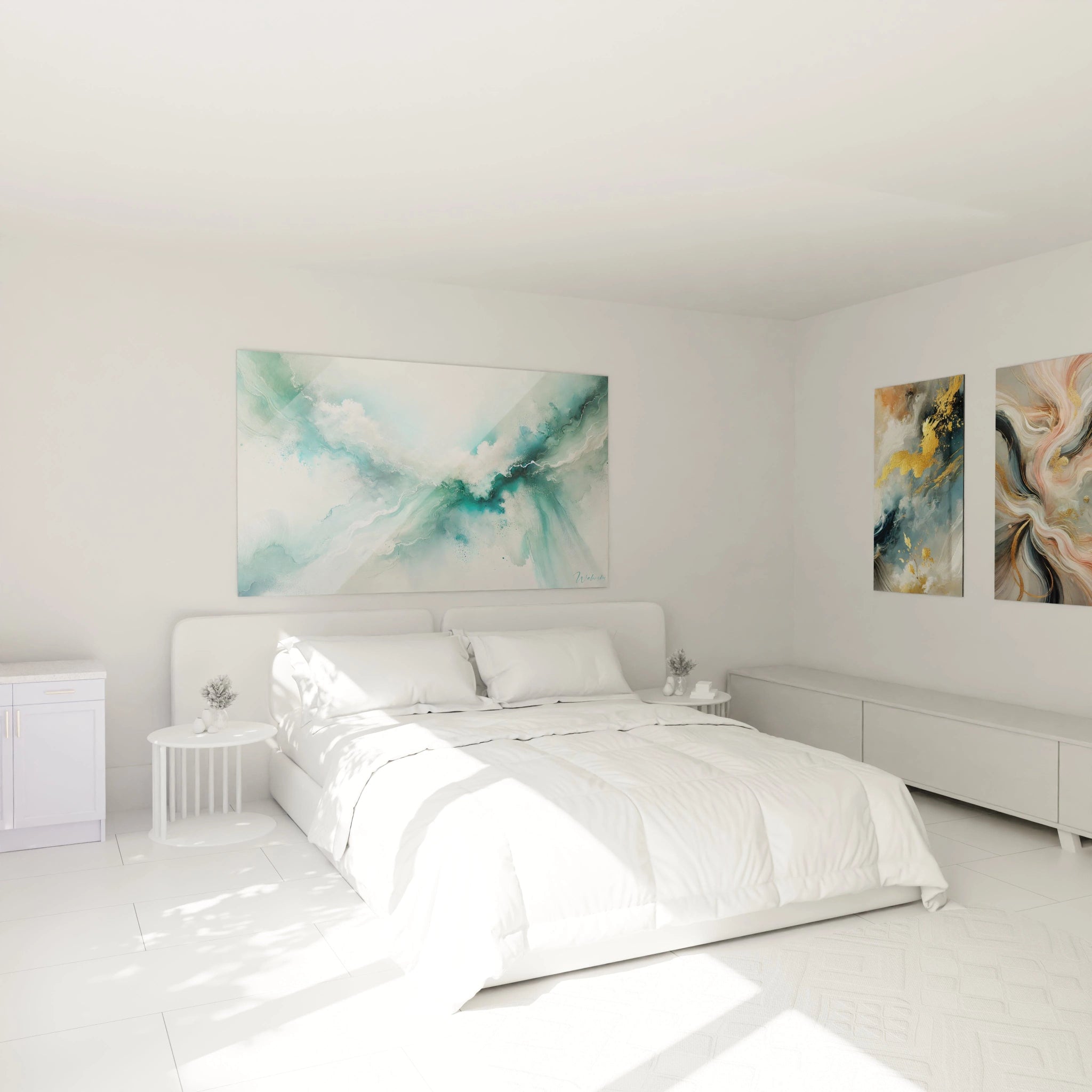 Tableau expressionniste abstrait accroche au-dessus du lit. Ambiance apaisante avec ses tons bleu, vert, et blanc, evoquant l'horizon marin. Invite a la meditation visuelle et a la serenite dans la chambre.