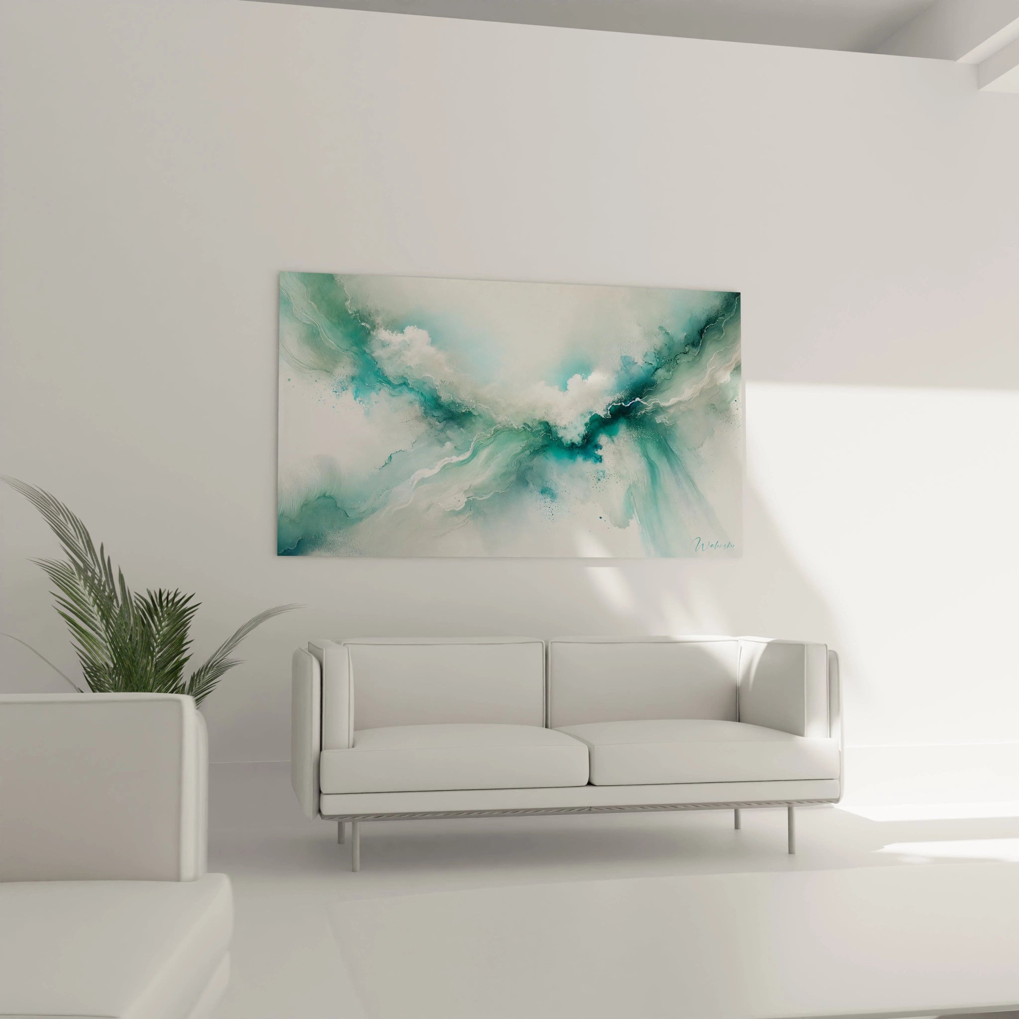 Tableau expressionniste abstrait dans un salon au-dessus d un canape. Teintes de bleu, vert, et blanc rappelant la douceur et la puissance de l ocean. Apporte une ambiance calme et naturelle a l'espace.