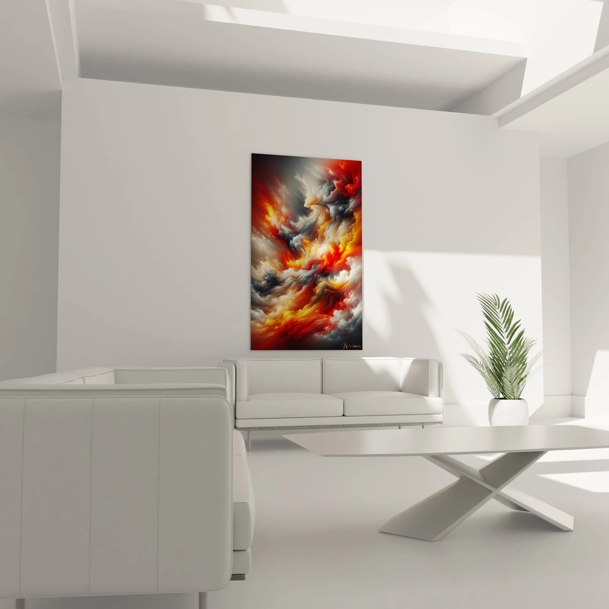 Un tableau abstrait de nuages en fusion chromatique. Les couleurs principales sont vermillon, or, blanc lumineux et bleu-gris. La texture montre des formes vaporeuses et duveteuses qui s'enroulent et se déploient dans un mouvement perpétuel, avec des transitions subtiles entre zones incandescentes et régions plus sombres, créant une impression de matière céleste en constante transformation.