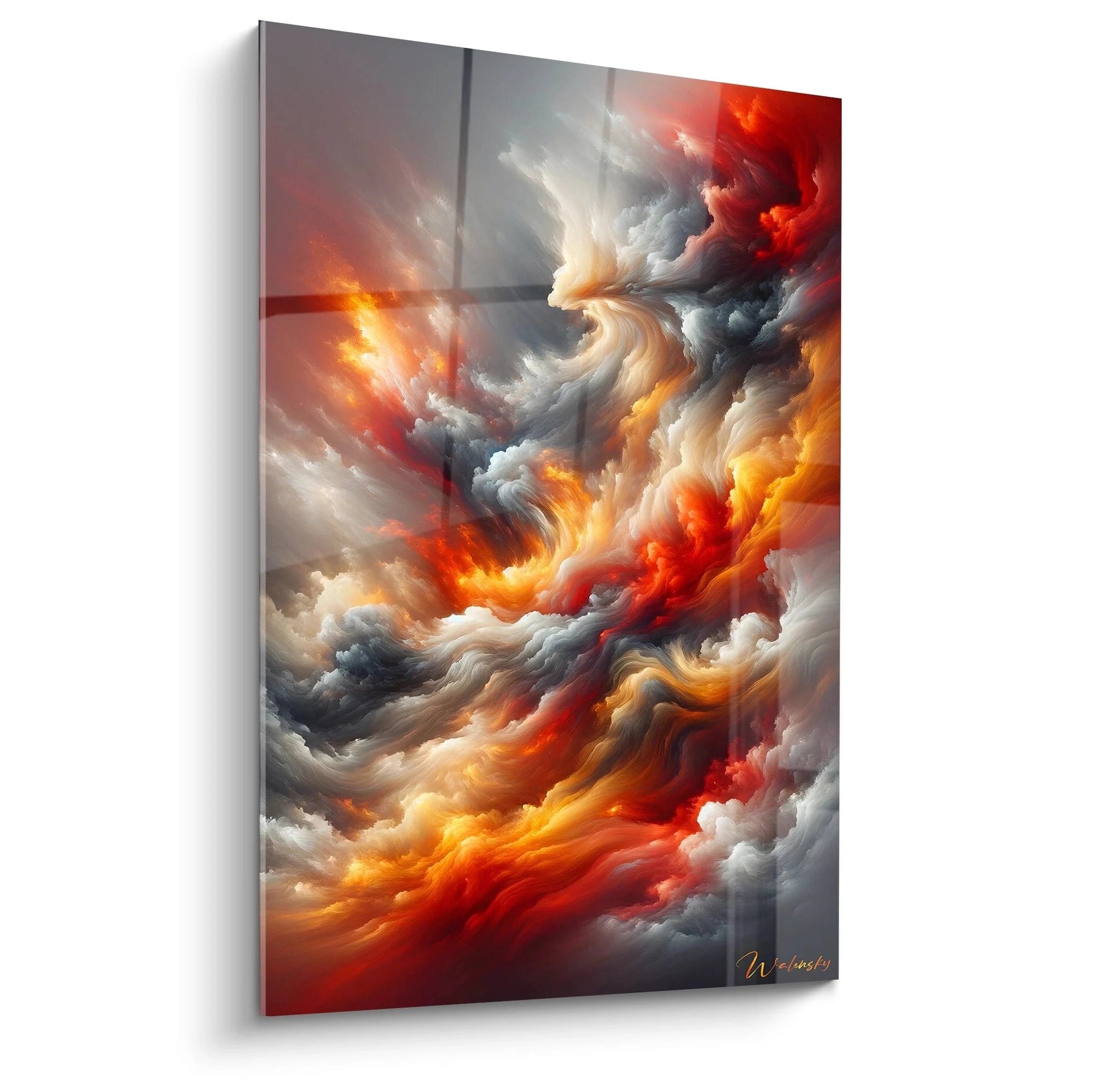 Un tableau abstrait de formations nuageuses incandescentes. Dominé par des teintes rouge écarlate, orange flamboyant, blanc nacré et gris bleuté. La texture présente des tourbillons de matière vaporeuse qui s'entrelacent en mouvements fluides et dynamiques, créant un contraste dramatique entre zones lumineuses et zones sombres, évoquant un ciel en pleine tempête ou une explosion cosmique.