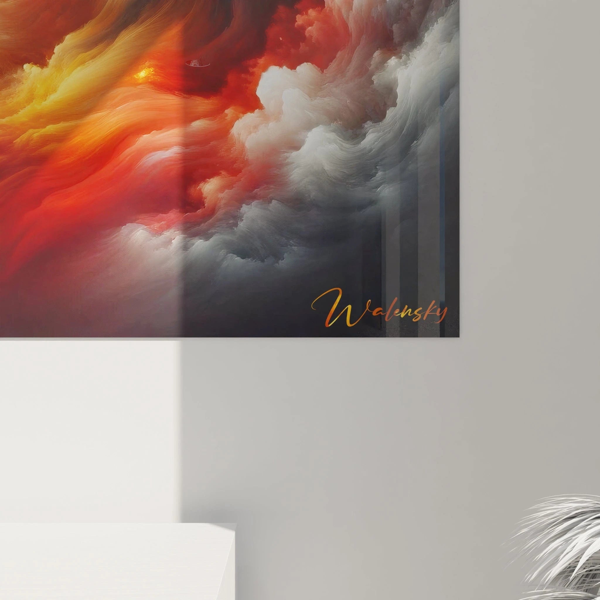 Un tableau abstrait d'atmosphère céleste en combustion. Utilise une palette contrastée de rouge vif, jaune soleil, blanc et gris-bleu. La texture présente des masses nuageuses aux contours diffus qui s'entremêlent en spirales dynamiques, avec des jeux de lumière qui suggèrent une source d'énergie interne, comme si les nuages étaient illuminés de l'intérieur par un feu cosmique.