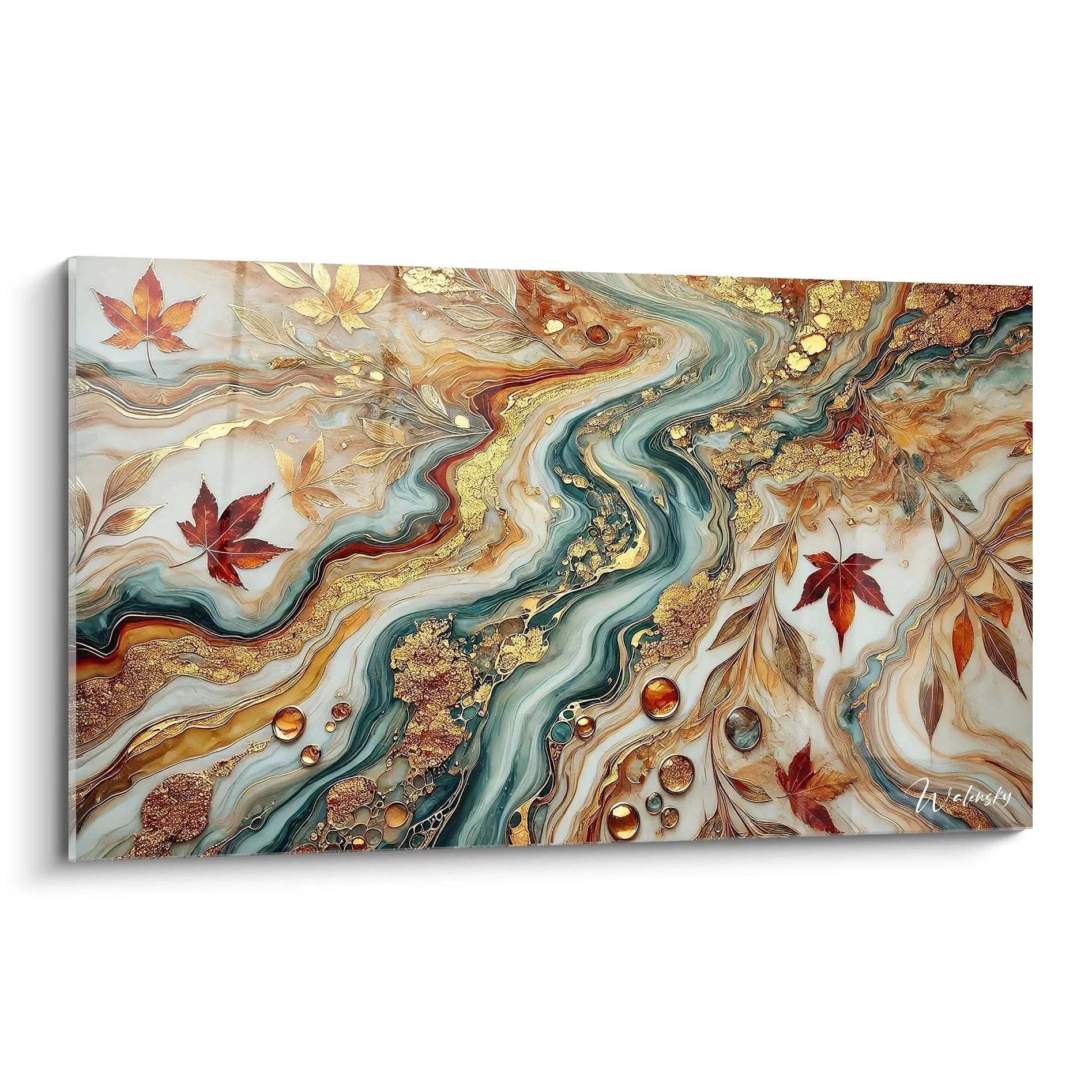 Le tableau style epoxy présente des feuilles dorées virevoltant au-dessus d’une rivière fluide de couleurs chaudes, or et orange. La texture brillante de la résine ajoute profondeur et luminosité.