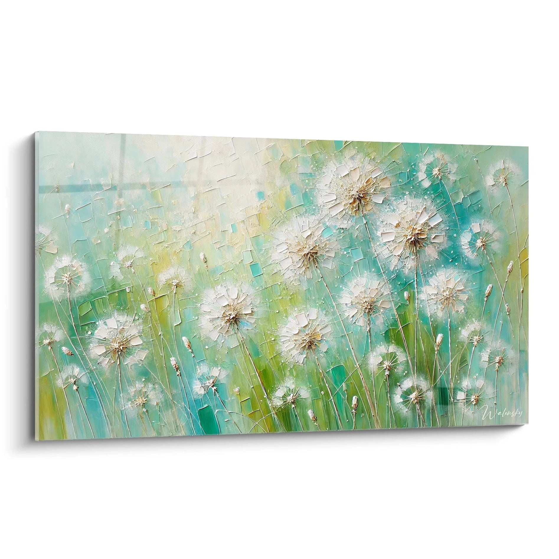 tableau Printemps vu de biais avec des nuances de vert bleu et blanc capturant la fraicheur des pissenlits en fleurs Un art contemporain qui evoque la legerete et la serenite du printemps