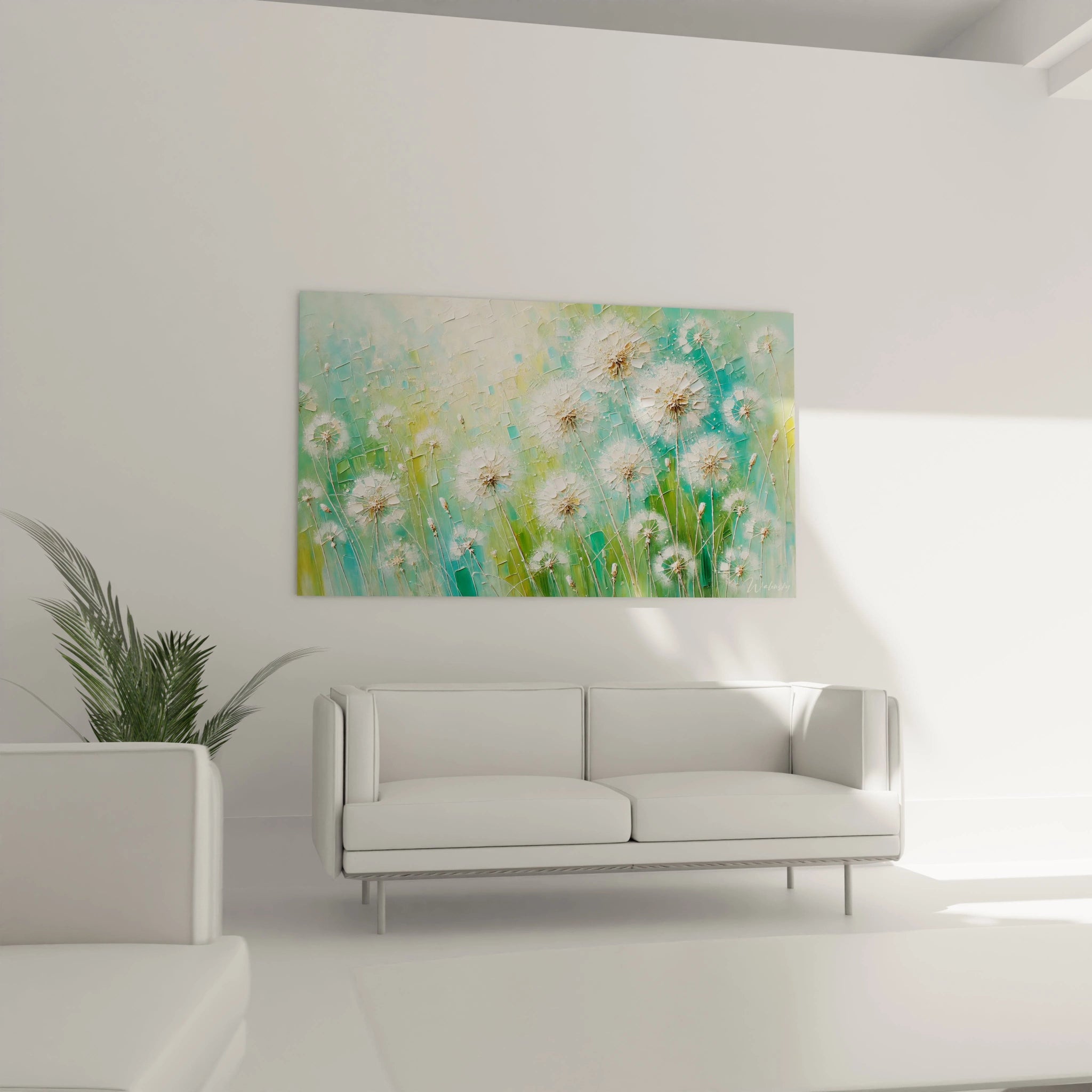 tableau Printemps au dessus d un canape dans un salon lumineux Une touche de nature et de serenite avec des pissenlits en fleurs evoquant la douceur du printemps et l harmonie visuelle