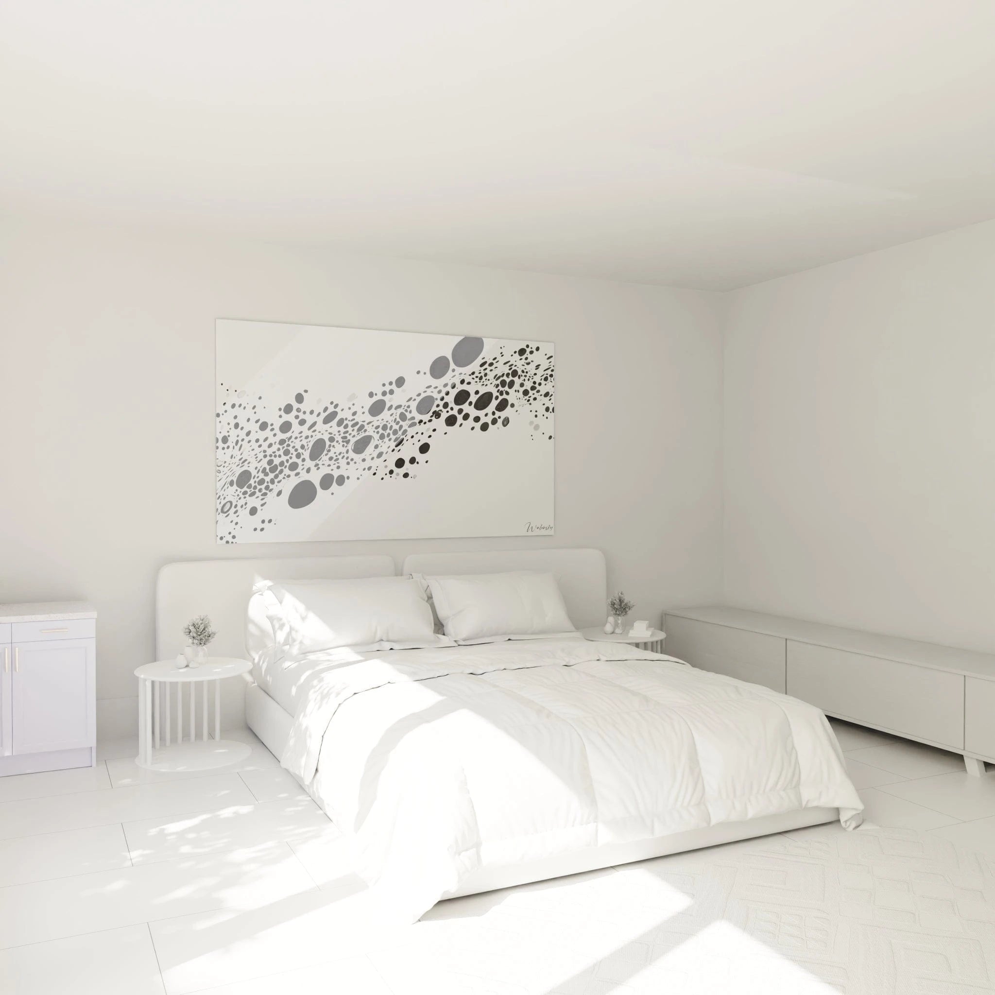 Tableau tacheté noir et blanc Walensky décorant une chambre lumineuse et moderne