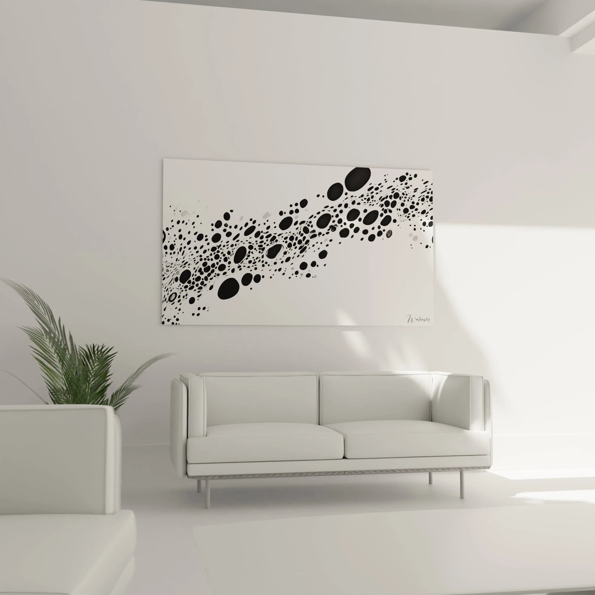 Tableau tacheté noir et blanc de Walensky, parfait pour un salon moderne et épuré