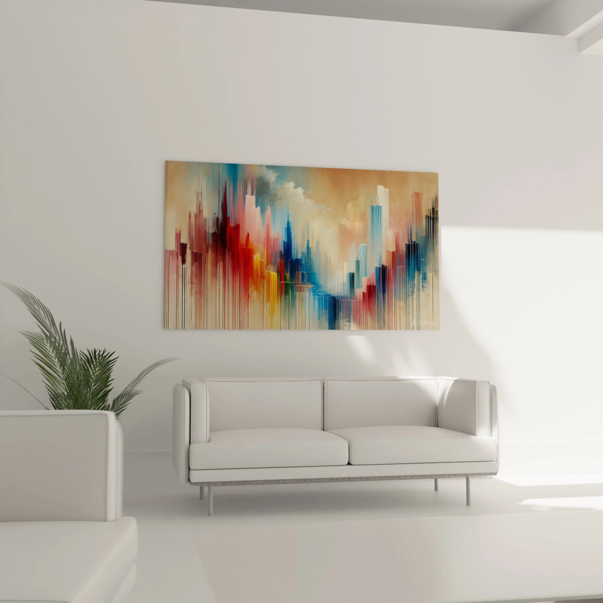 Tableau "Souffle de Couleurs" dans le salon, au-dessus du canapé. Les nuances pastel et les tons profonds ajoutent une note artistique et moderne à l'espace de vie.