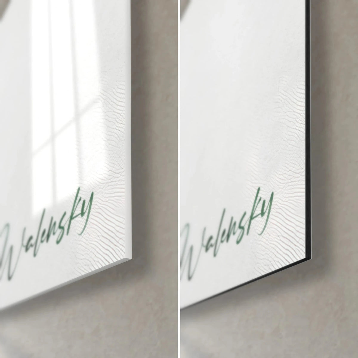 Gemälde mit stilisiertem Baum, untere rechte Ecke: glänzendes Acrylglas links, matres Dibond rechts, grüne Signatur, 3 mm Kante