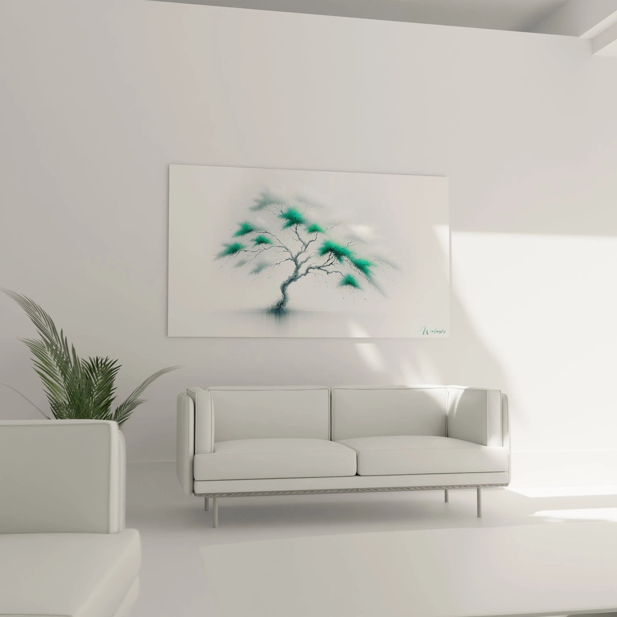 Tableau abstrait montrant un bonsaï stylisé aux formes gracieuses. Palette restreinte de gris bleuté, vert jade et blanc écru. Tronc noueux et branches ramifiées ornées de touches vertes diffuses évoquant des aiguilles ou feuilles. Composition minimaliste avec arbre centré et son ombre douce sur une base réfléchissante, évoquant un paysage zen.