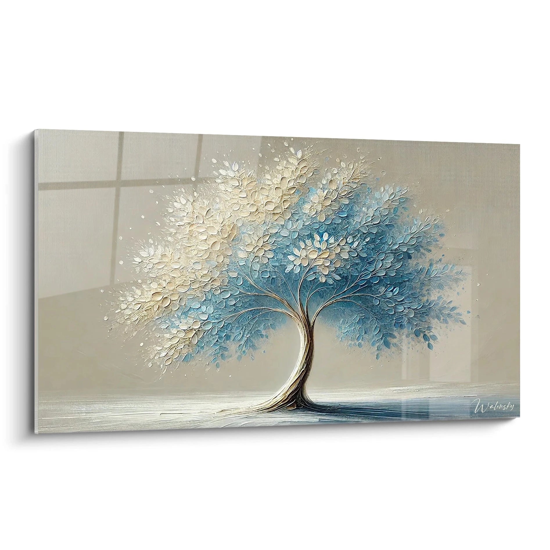 Tableau Arbre vu de biais avec ses nuances de bleu et de beige, refletant force et serenite. Une oeuvre contemporaine qui capte la beaute de la nature en textures et lumieres subtiles.